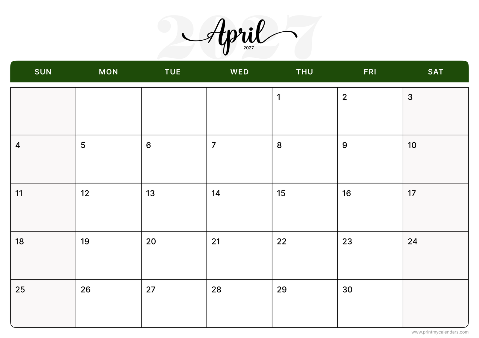 Printable Elegant Green Script April calendar 2027 Landscape A4