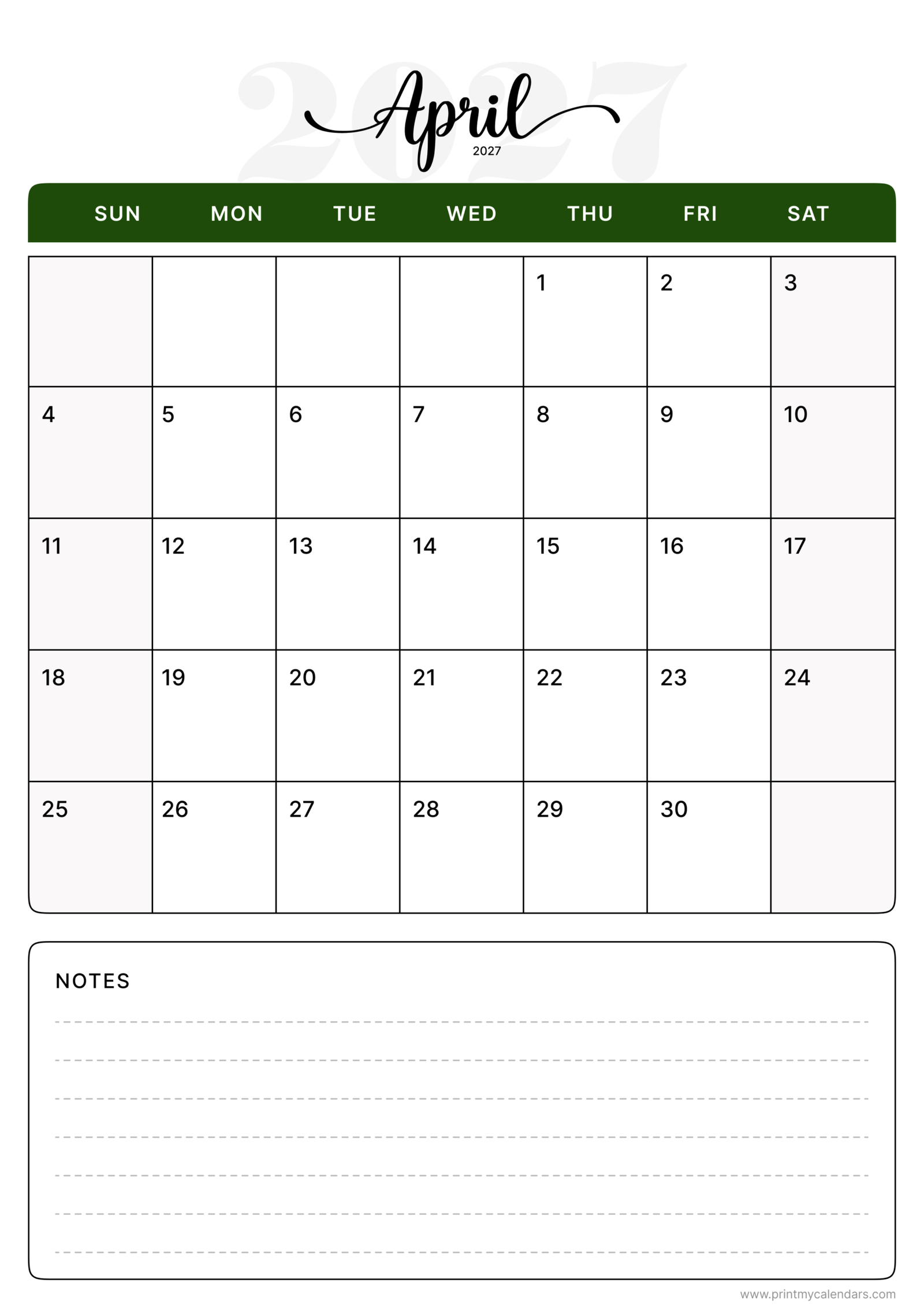 Printable Elegant Green Script April calendar 2027 Portrait A4