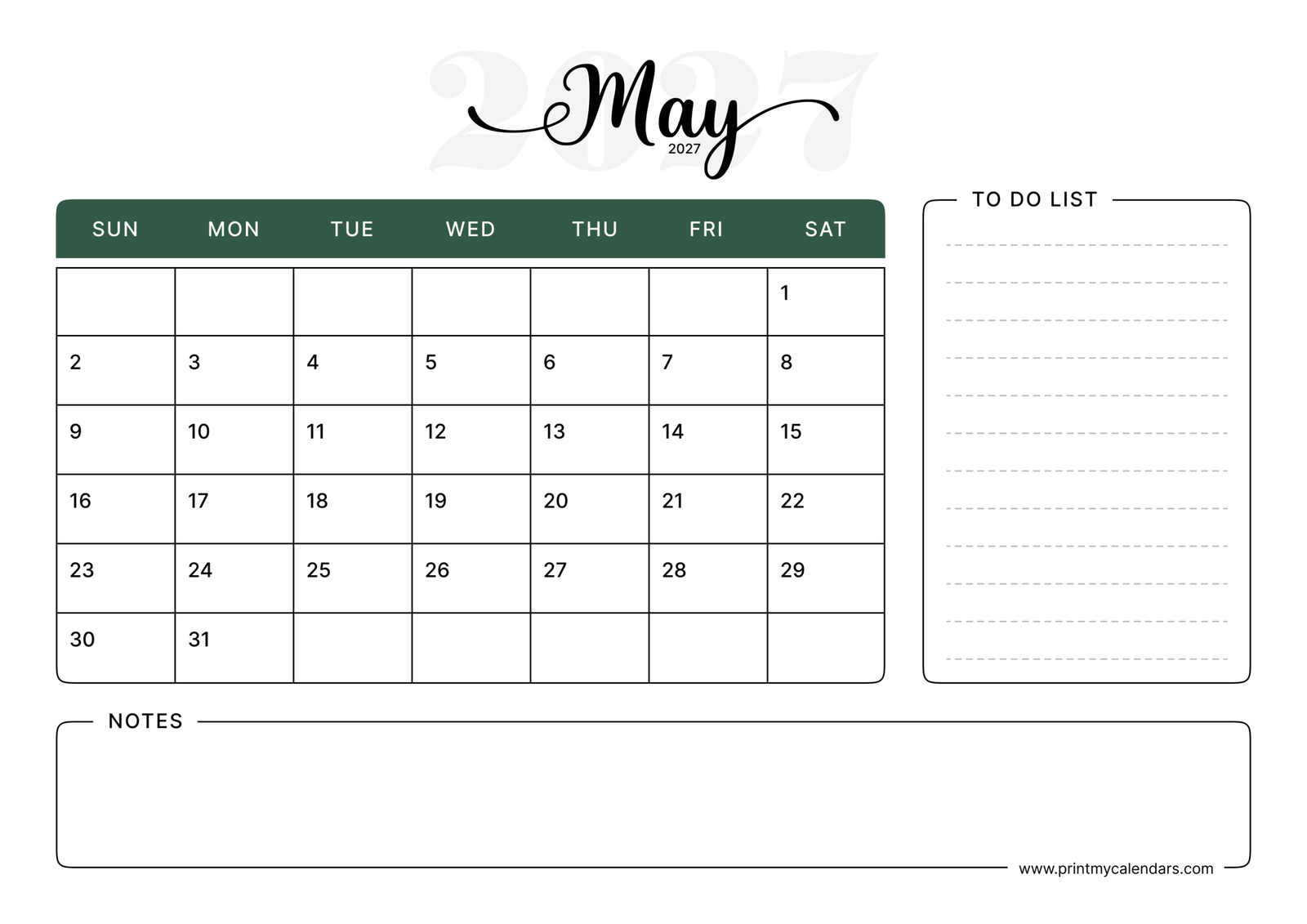 Printable Forest Script & Task May calendar 2027 Landscape A4