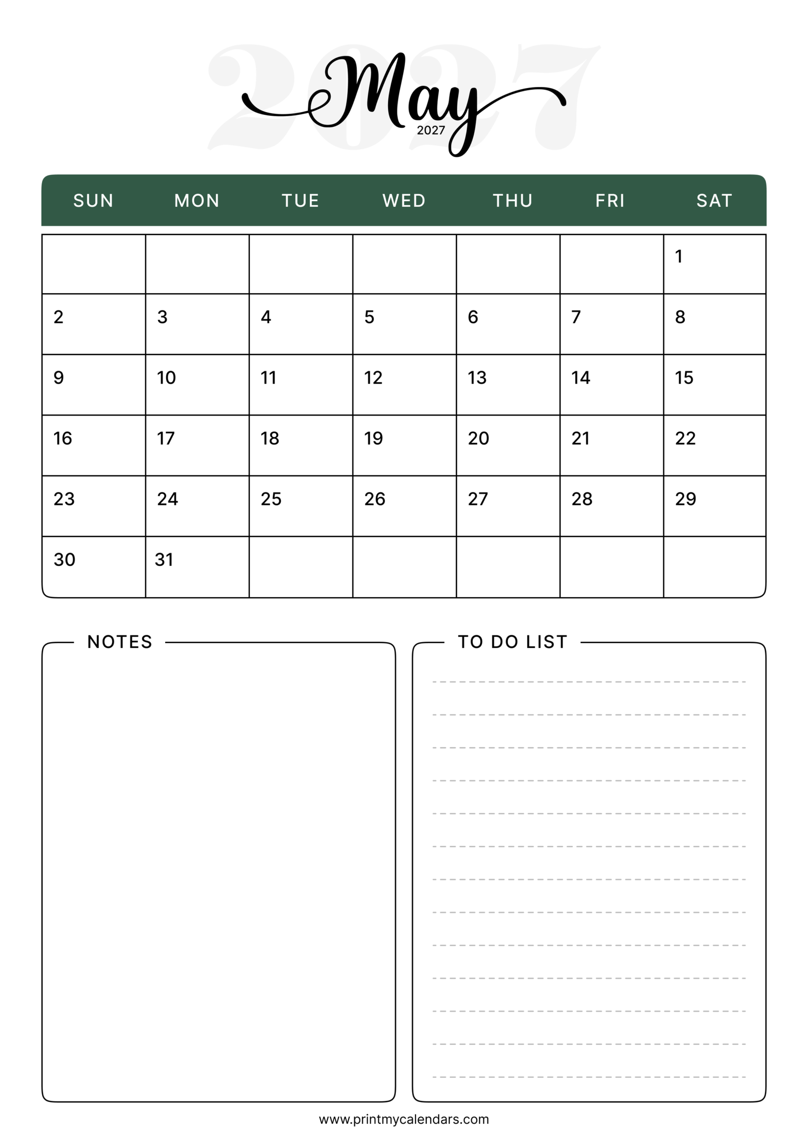 Printable Forest Script & Task May calendar 2027 Portrait A4