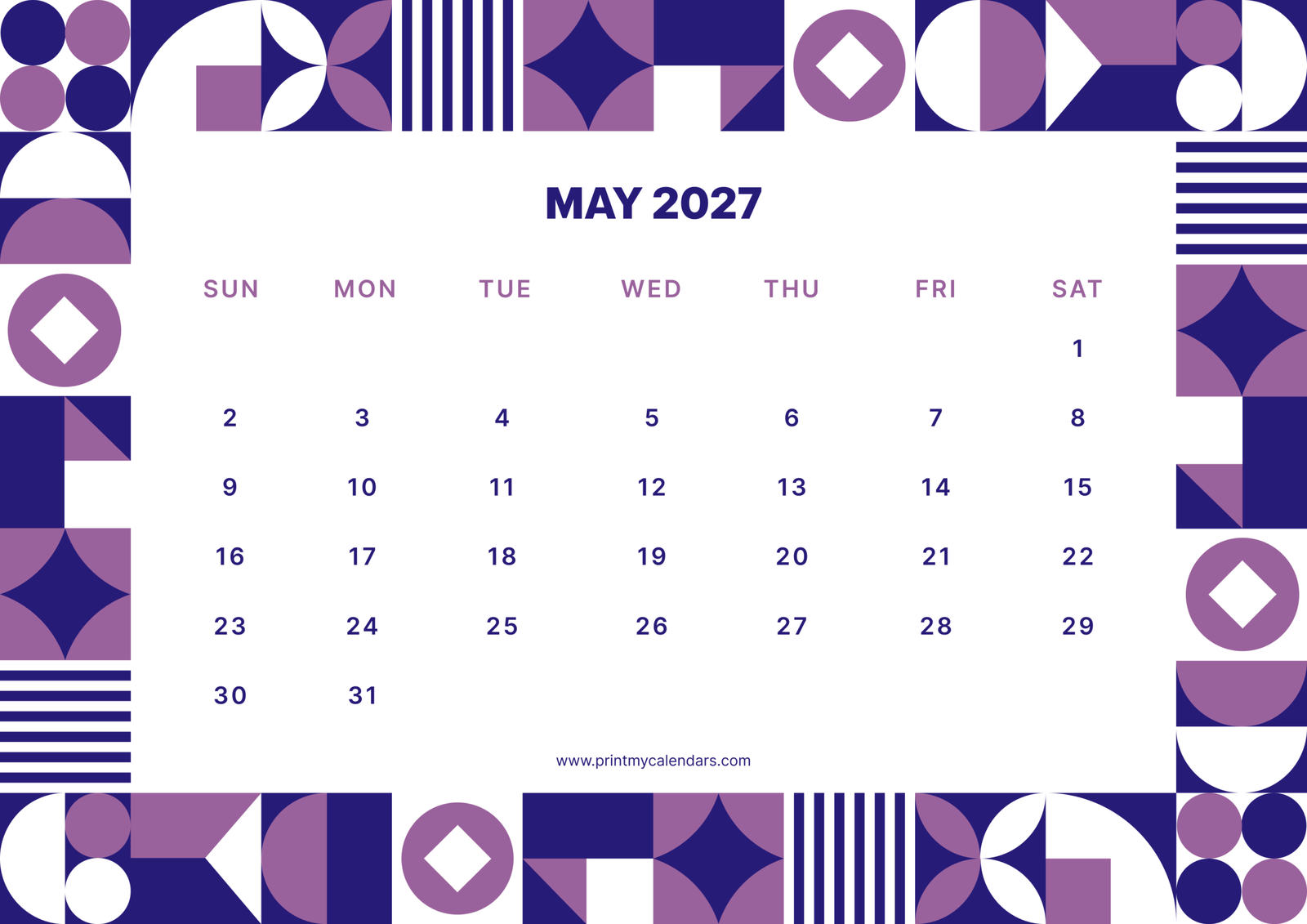 Printable Geometric Amethyst May calendar 2027 Landscape A4