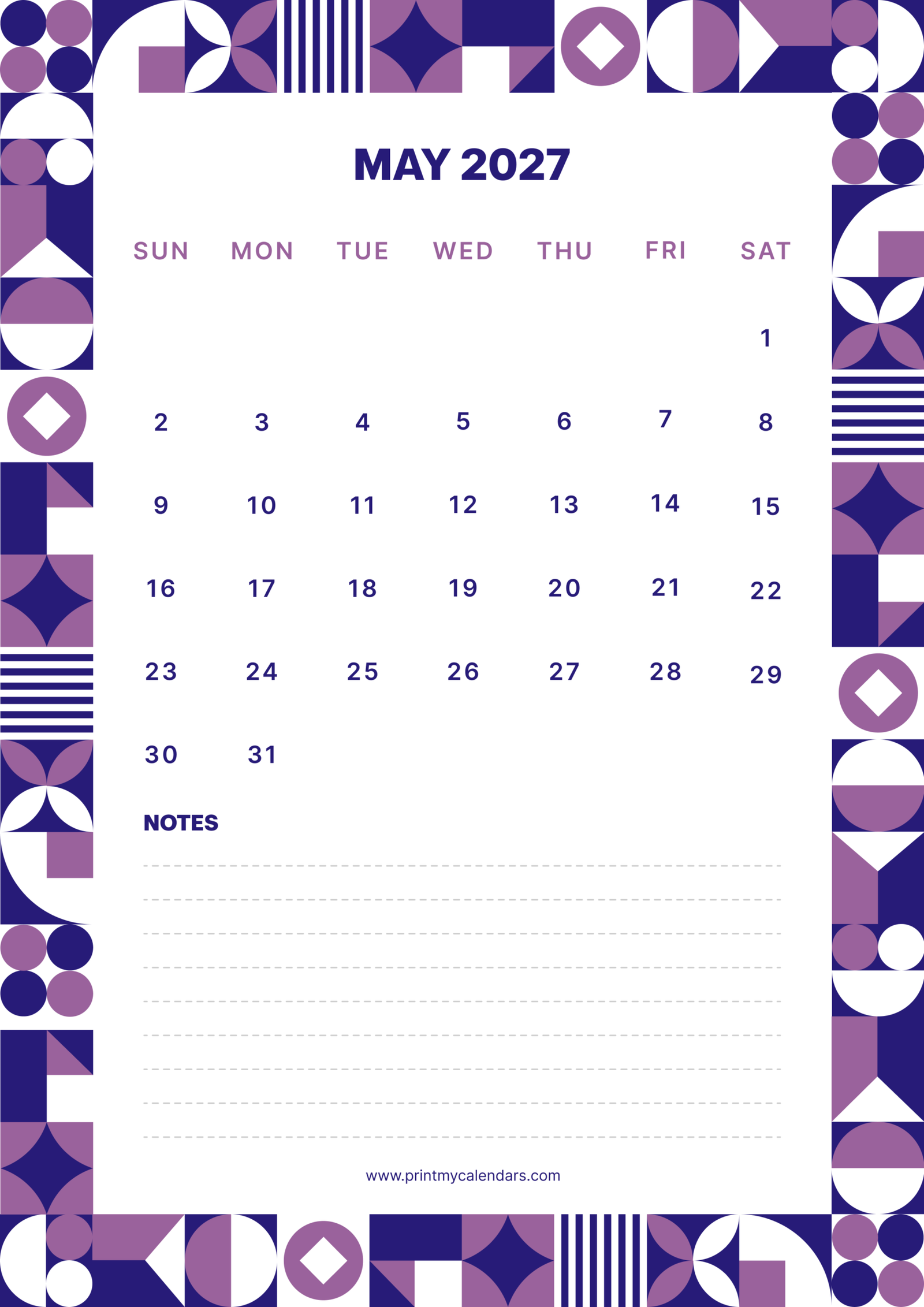 Printable Geometric Amethyst May calendar 2027 Portrait A4