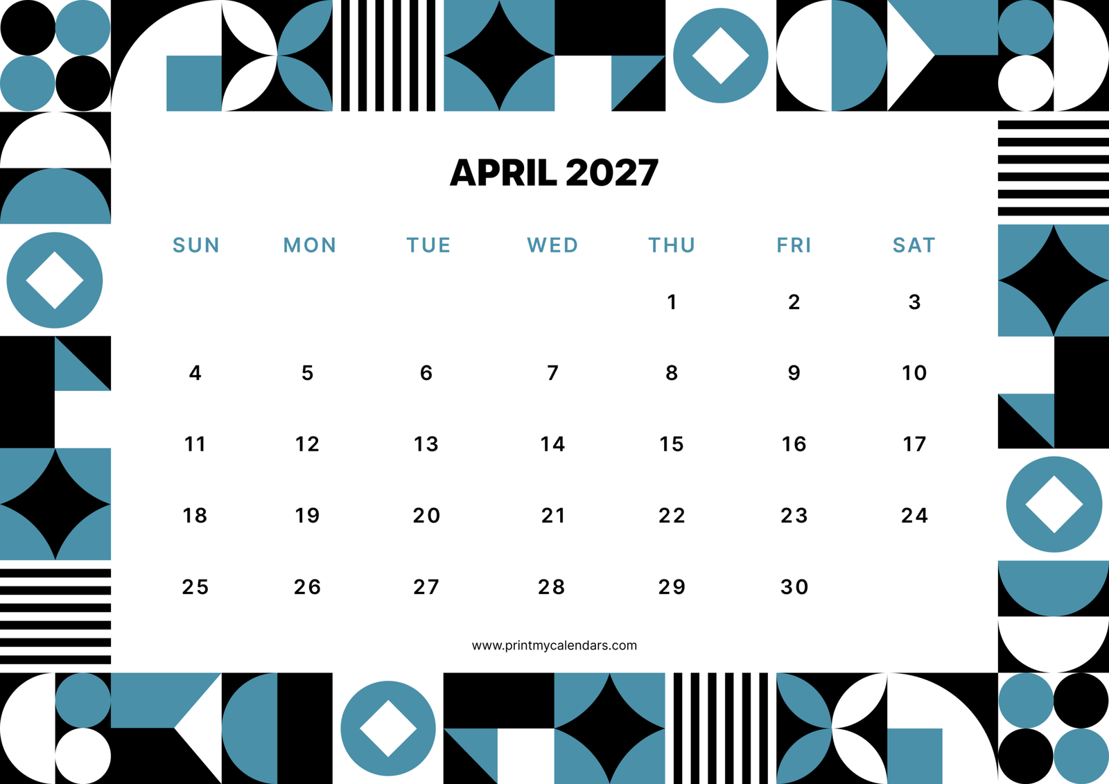 Printable Geometric Blue April calendar 2027 Landscape A4