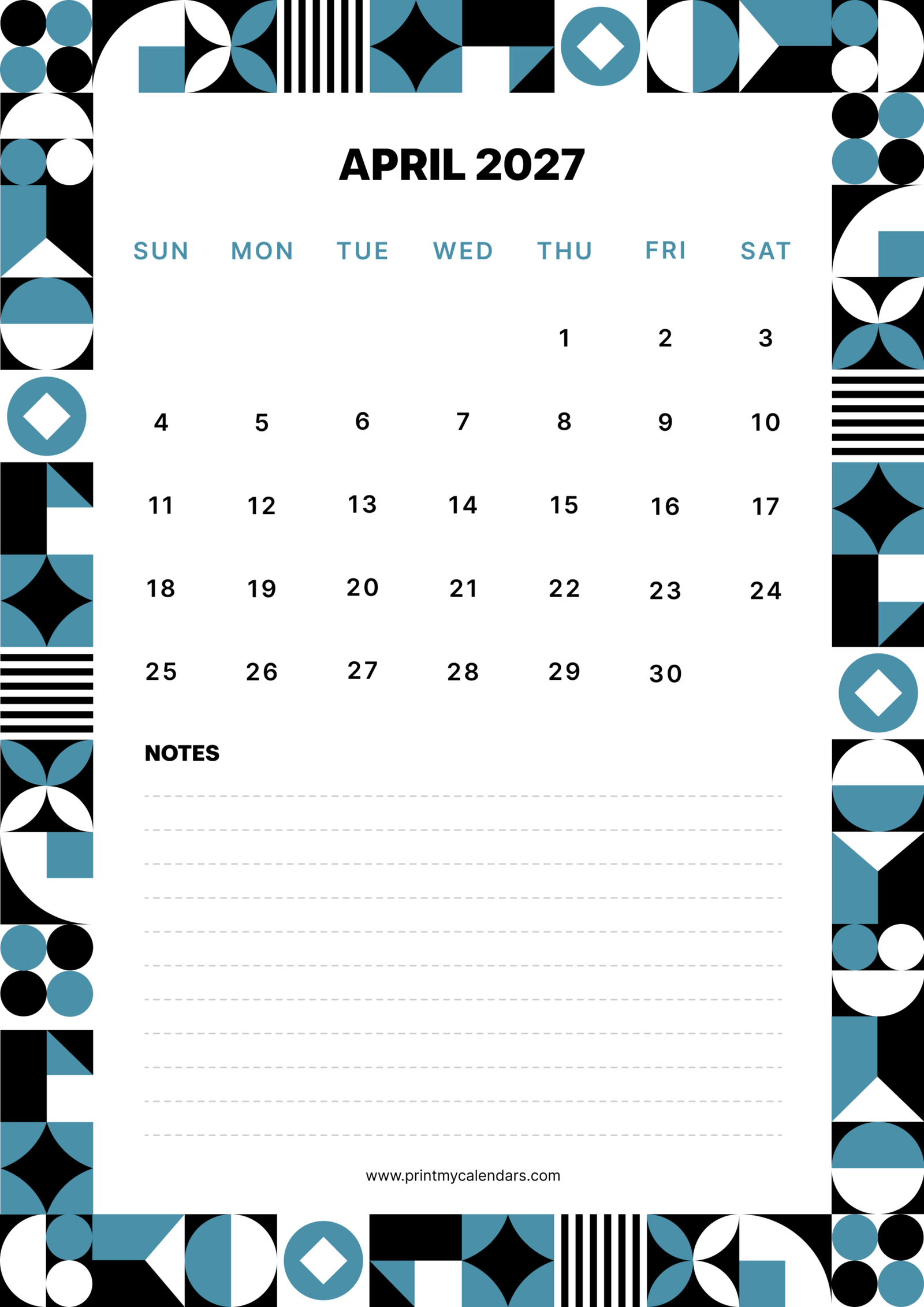 Printable Geometric Blue April calendar 2027 Portrait A4