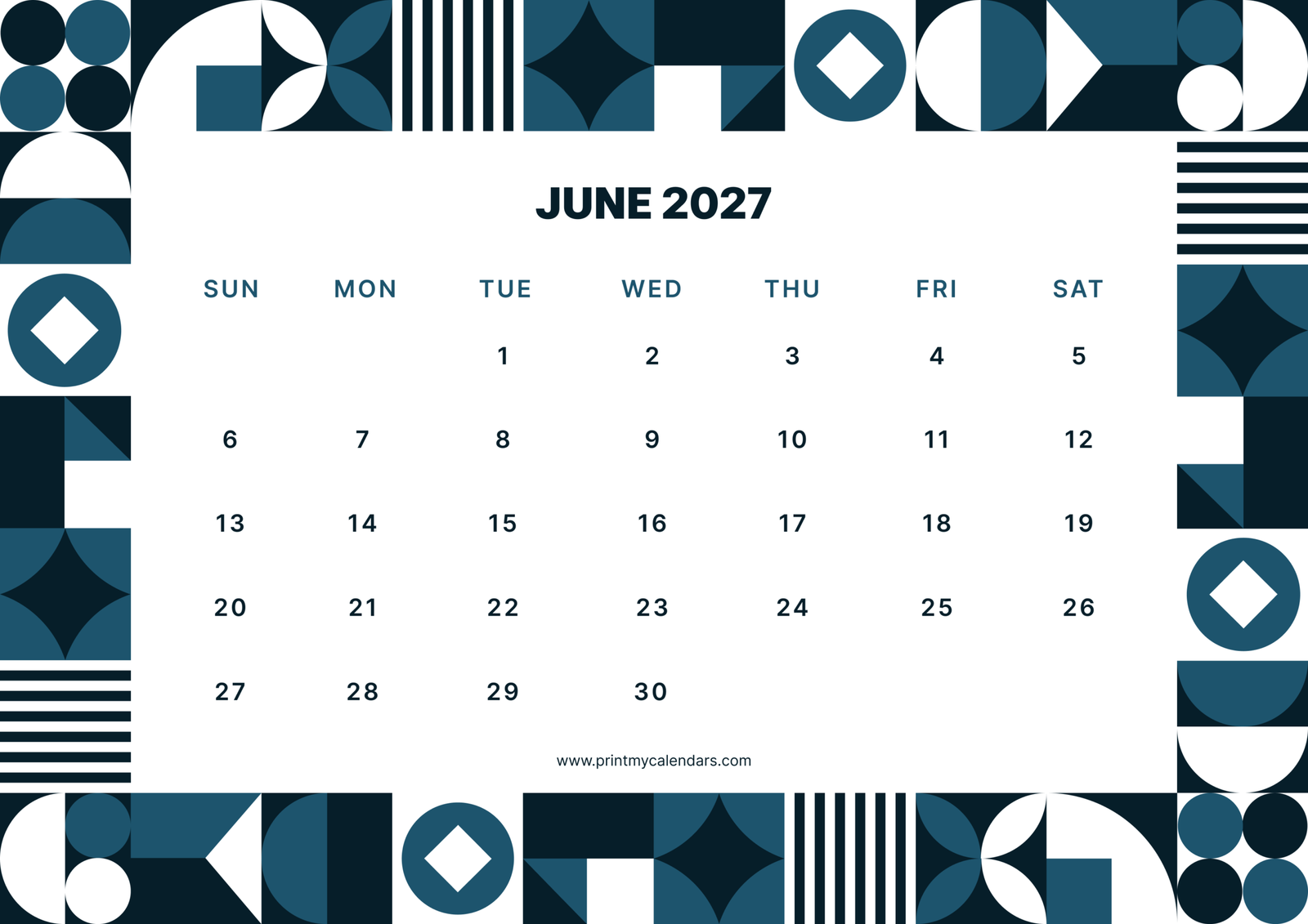 Printable Geometric Mosaic June calendar 2027 Landscape A4