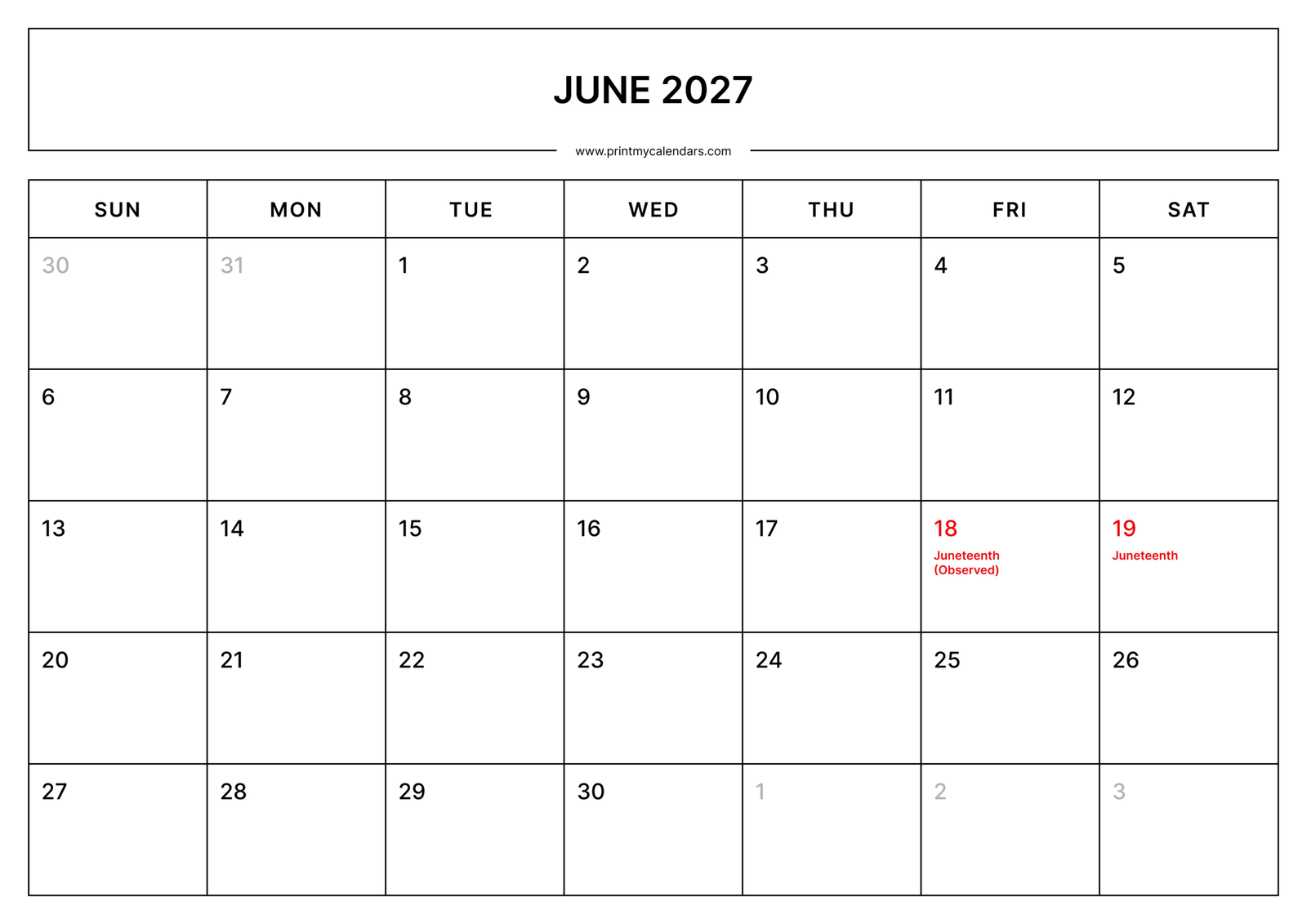 Printable Holidays June calendar 2027 Landscape A4