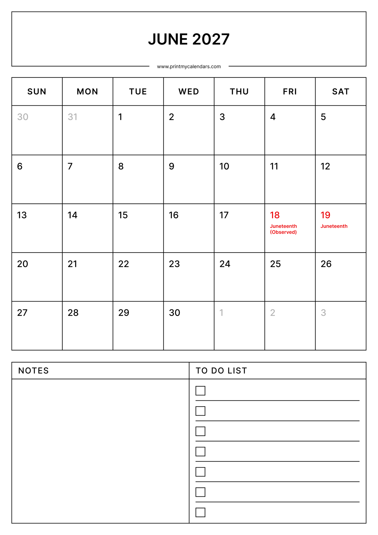 Printable Holidays June calendar 2027 Portrait A4