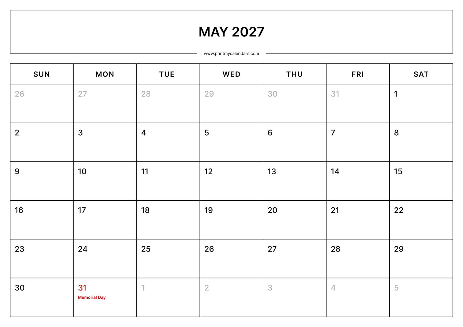 Printable Holidays May calendar 2027 Landscape A4