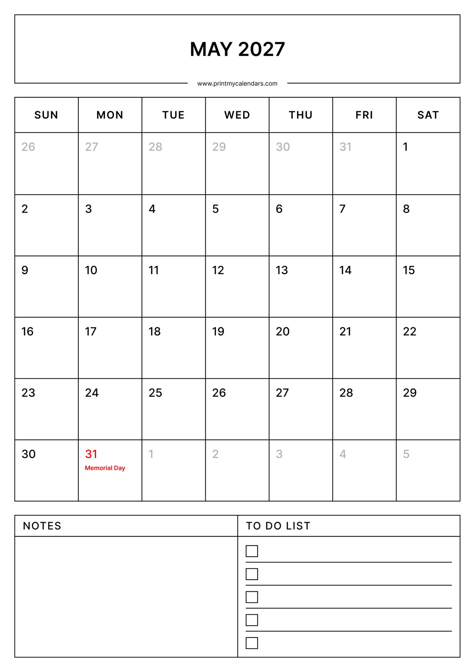Printable Holidays May calendar 2027 Portrait A4