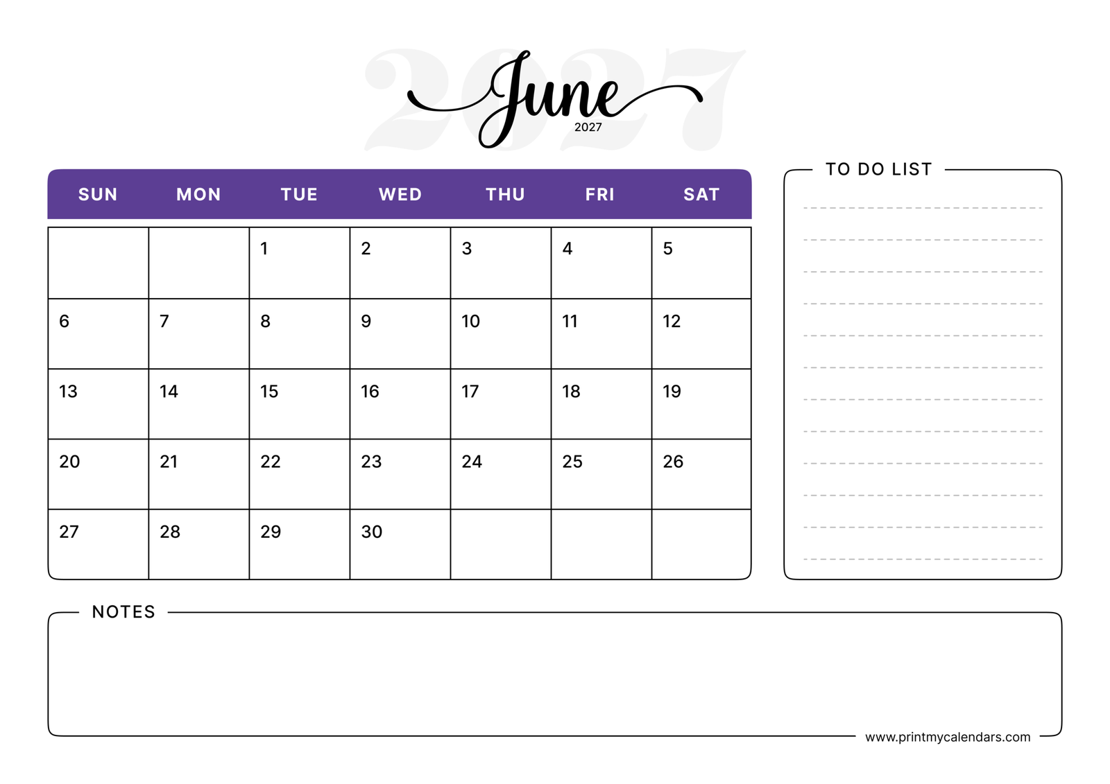 Printable Lavender Slimline June calendar 2027 Landscape A4