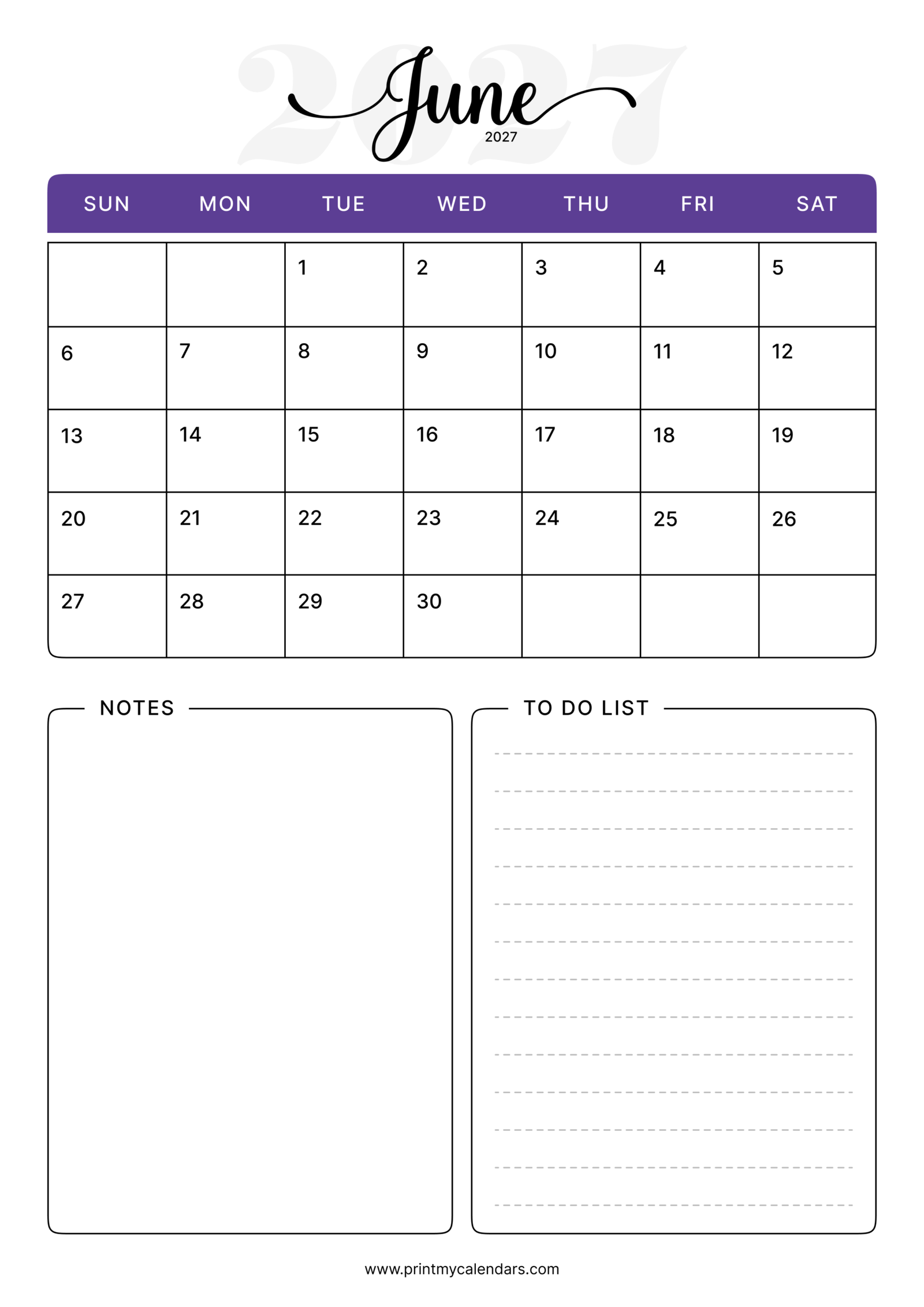 Printable Lavender Slimline June calendar 2027 Portrait A4