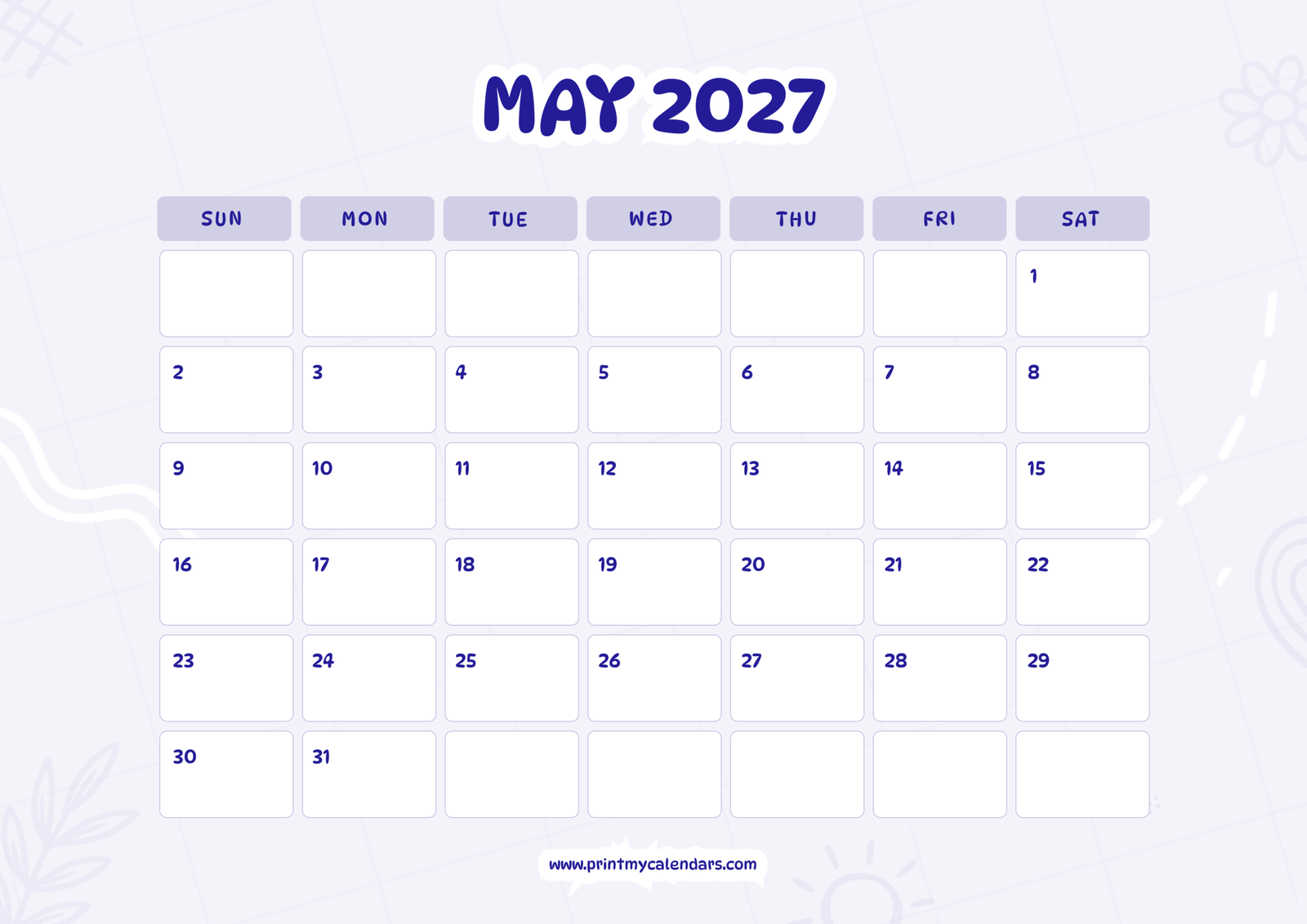Printable Lavender Whimsy May calendar 2027 Landscape A4