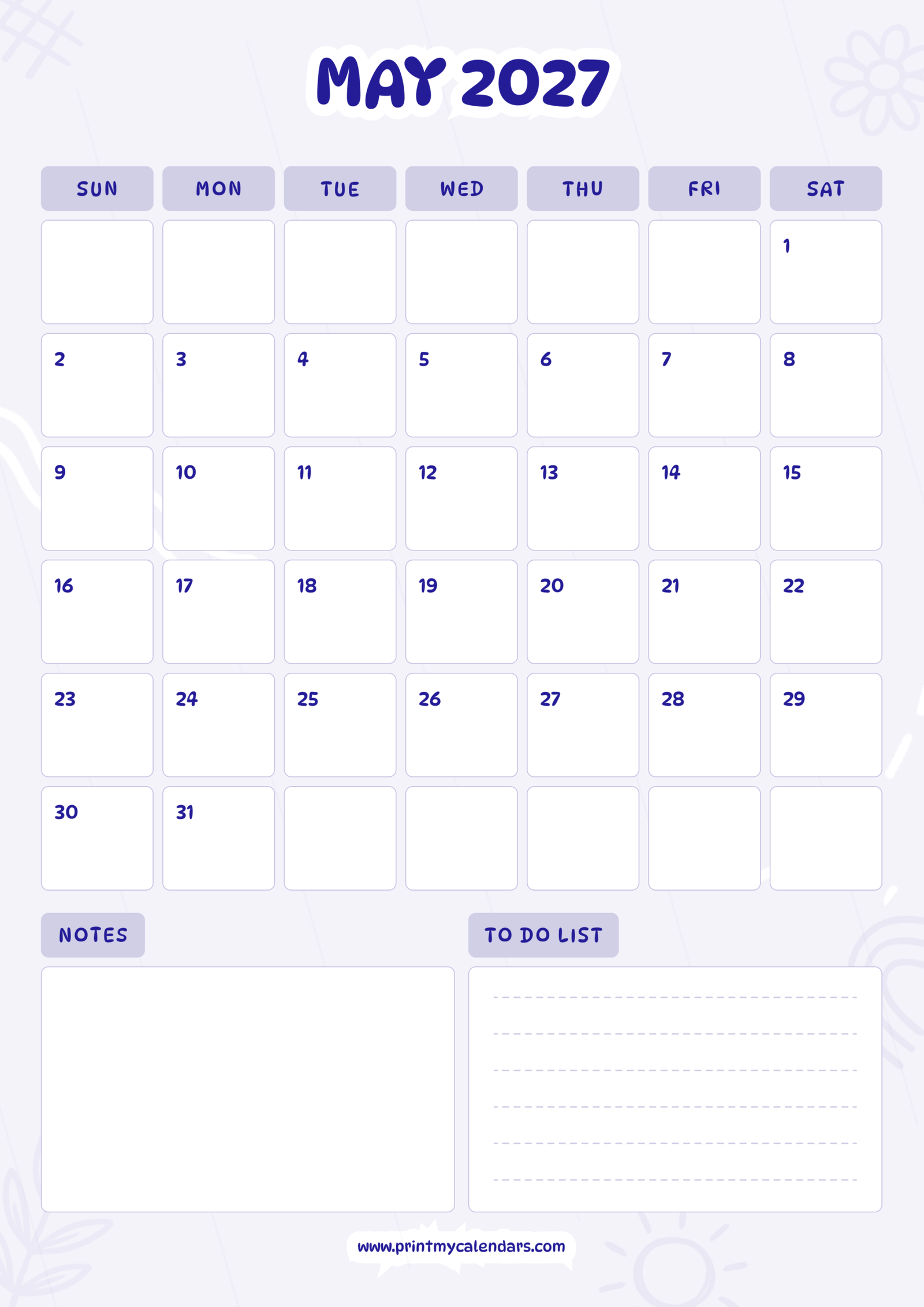 Printable Lavender Whimsy May calendar 2027 Portrait A4