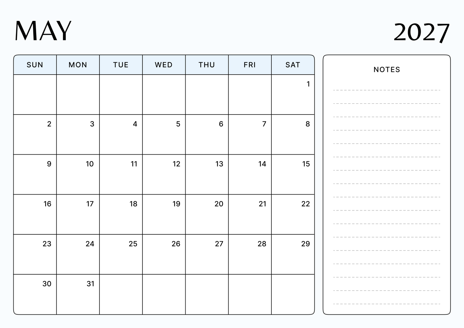 Printable Minimalist Azure Breeze May calendar 2027 Landscape A4