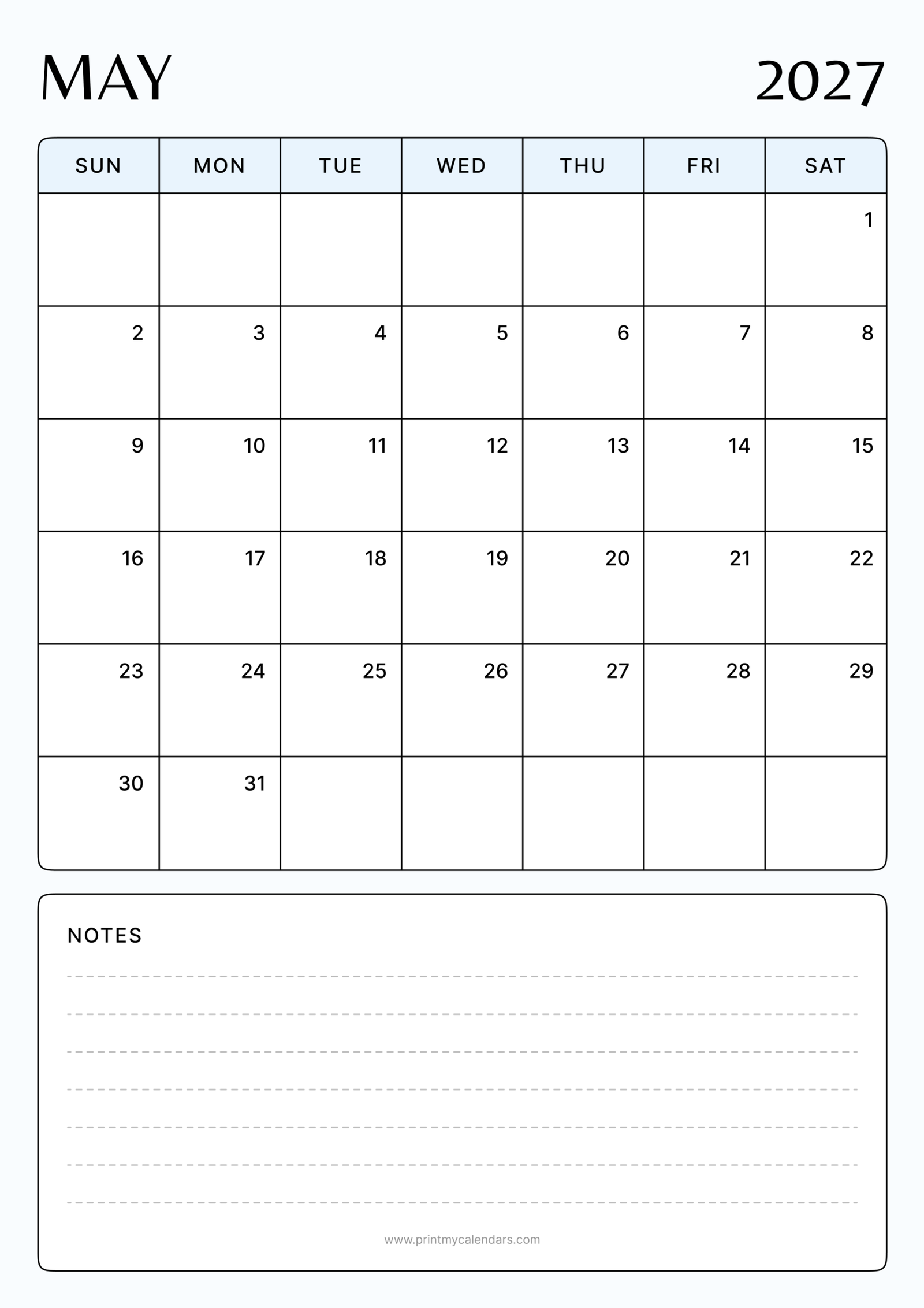 Printable Minimalist Azure Breeze May calendar 2027 Portrait A4
