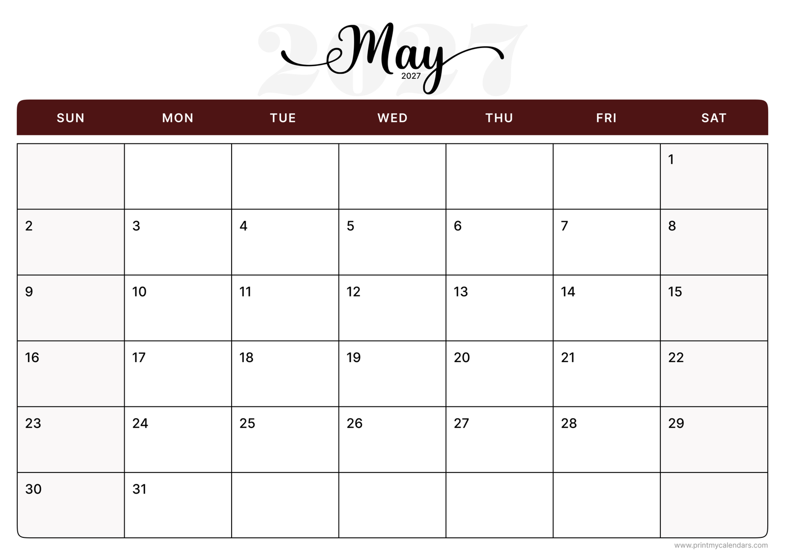 Printable Mocha Elegance May calendar 2027 Landscape A4