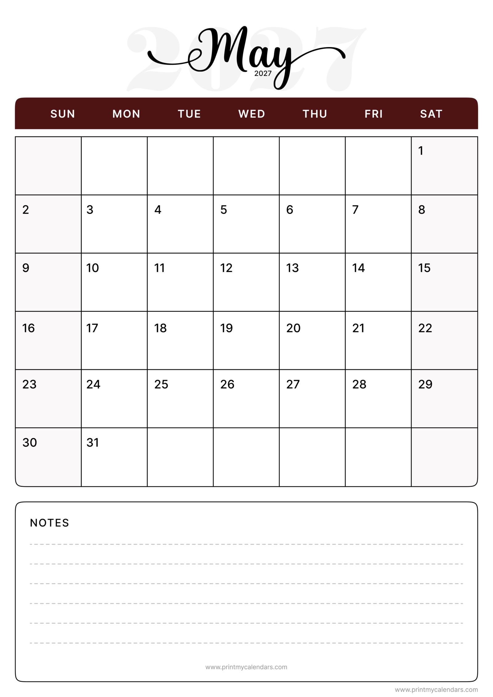 Printable Mocha Elegance May calendar 2027 Portrait A4