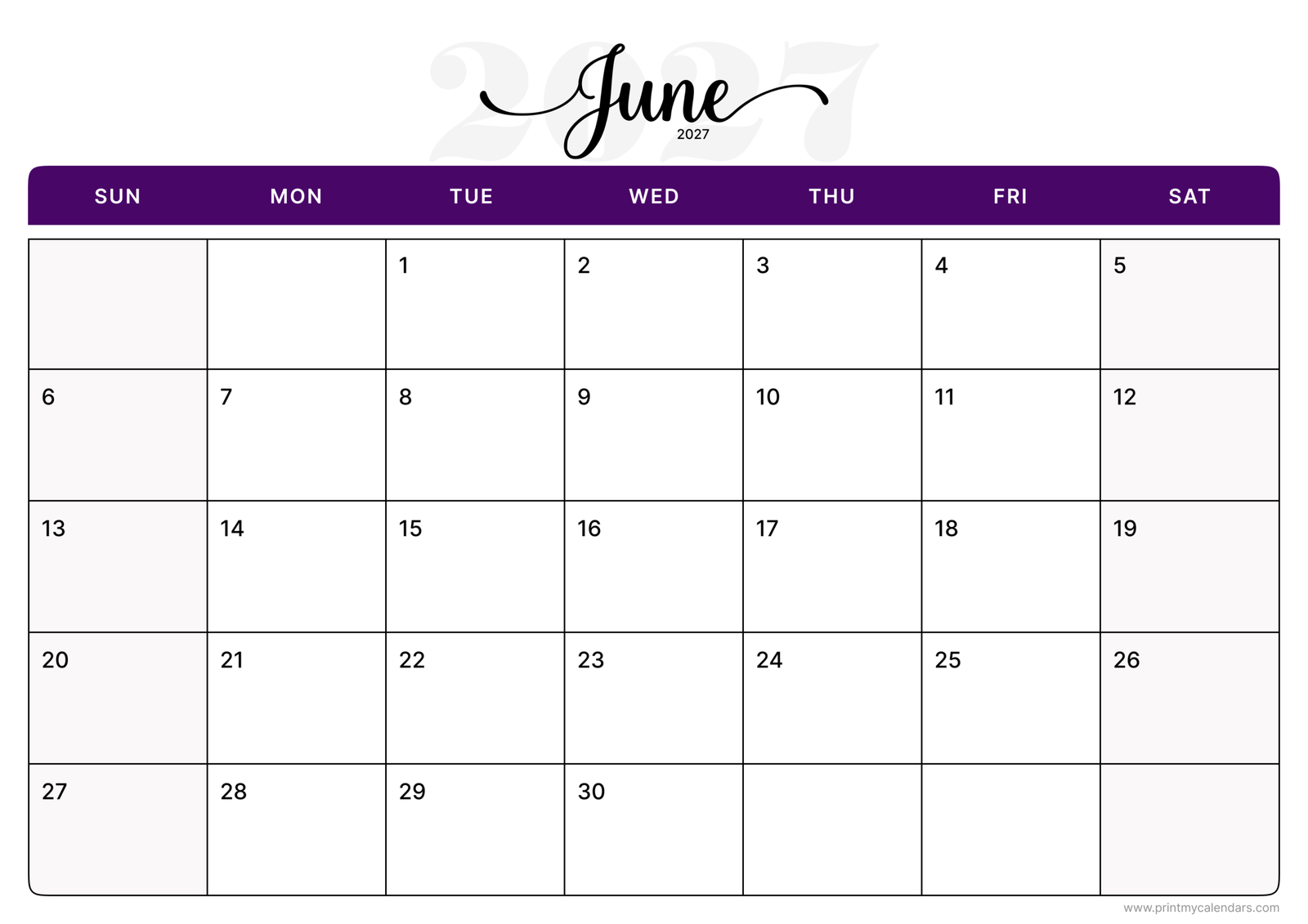 Printable Plum Block Classic June calendar 2027 Landscape A4