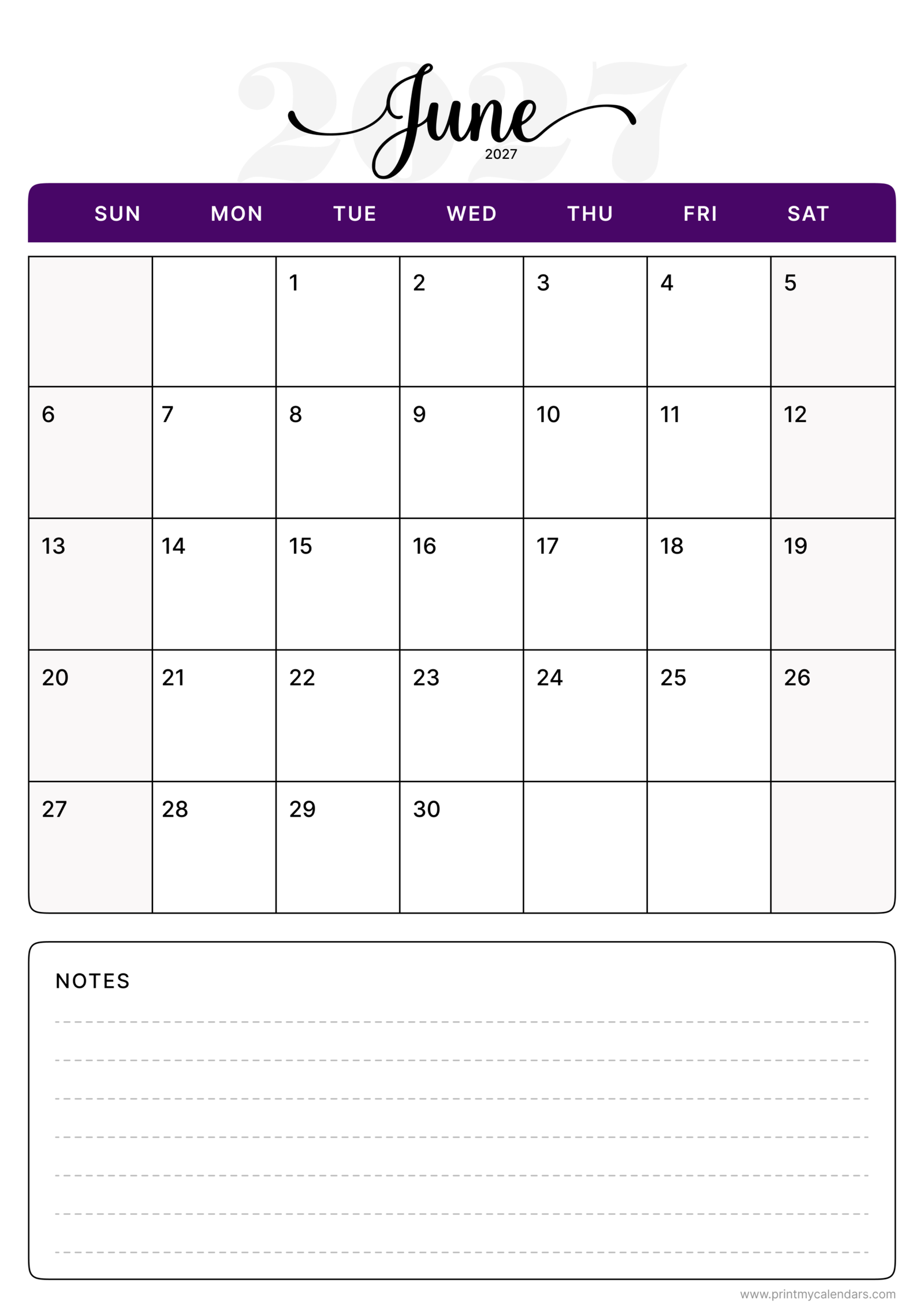 Printable Plum Block Classic June calendar 2027 Portrait A4