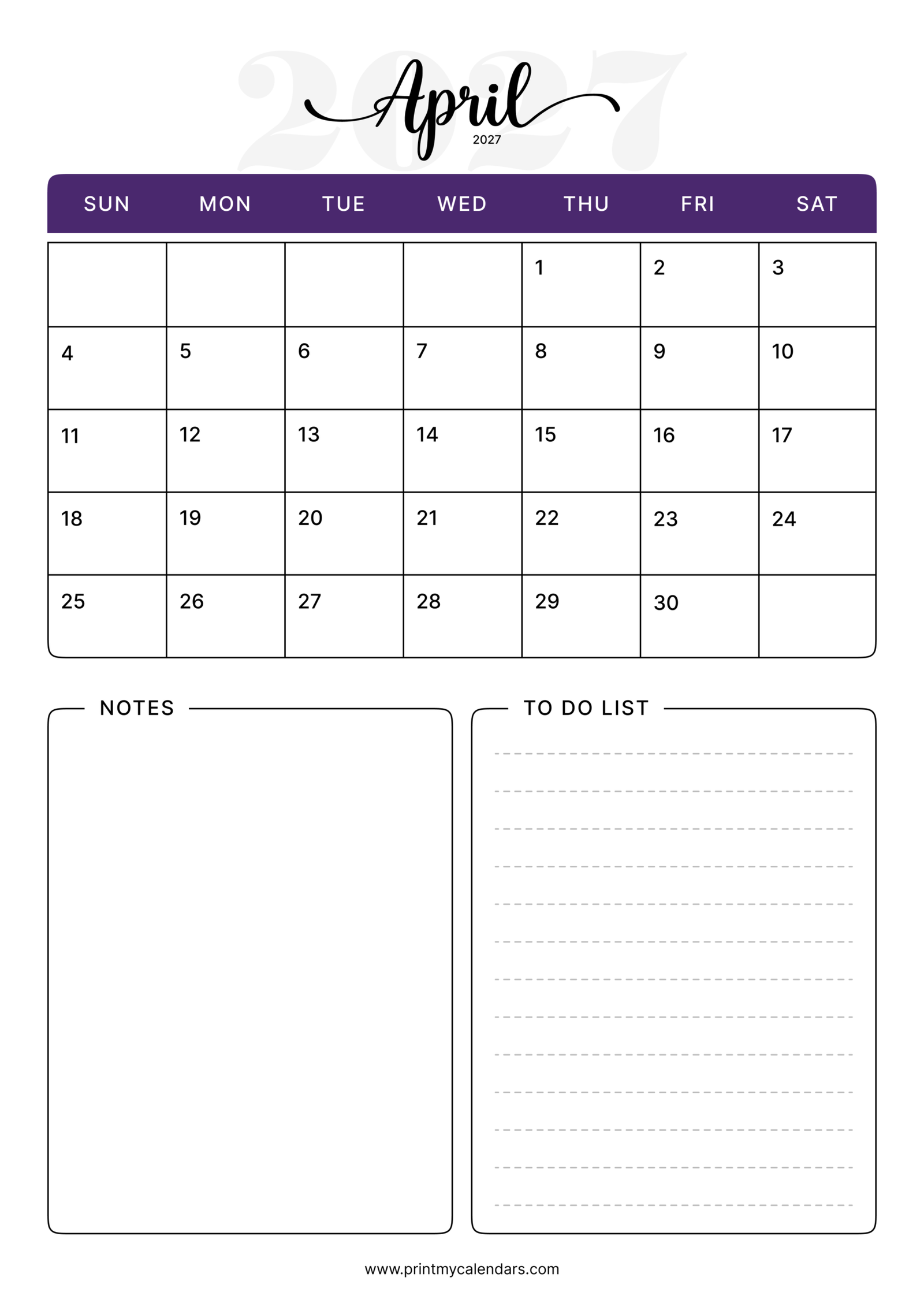 Printable Purple Productivity April calendar 2027 Portrait A4