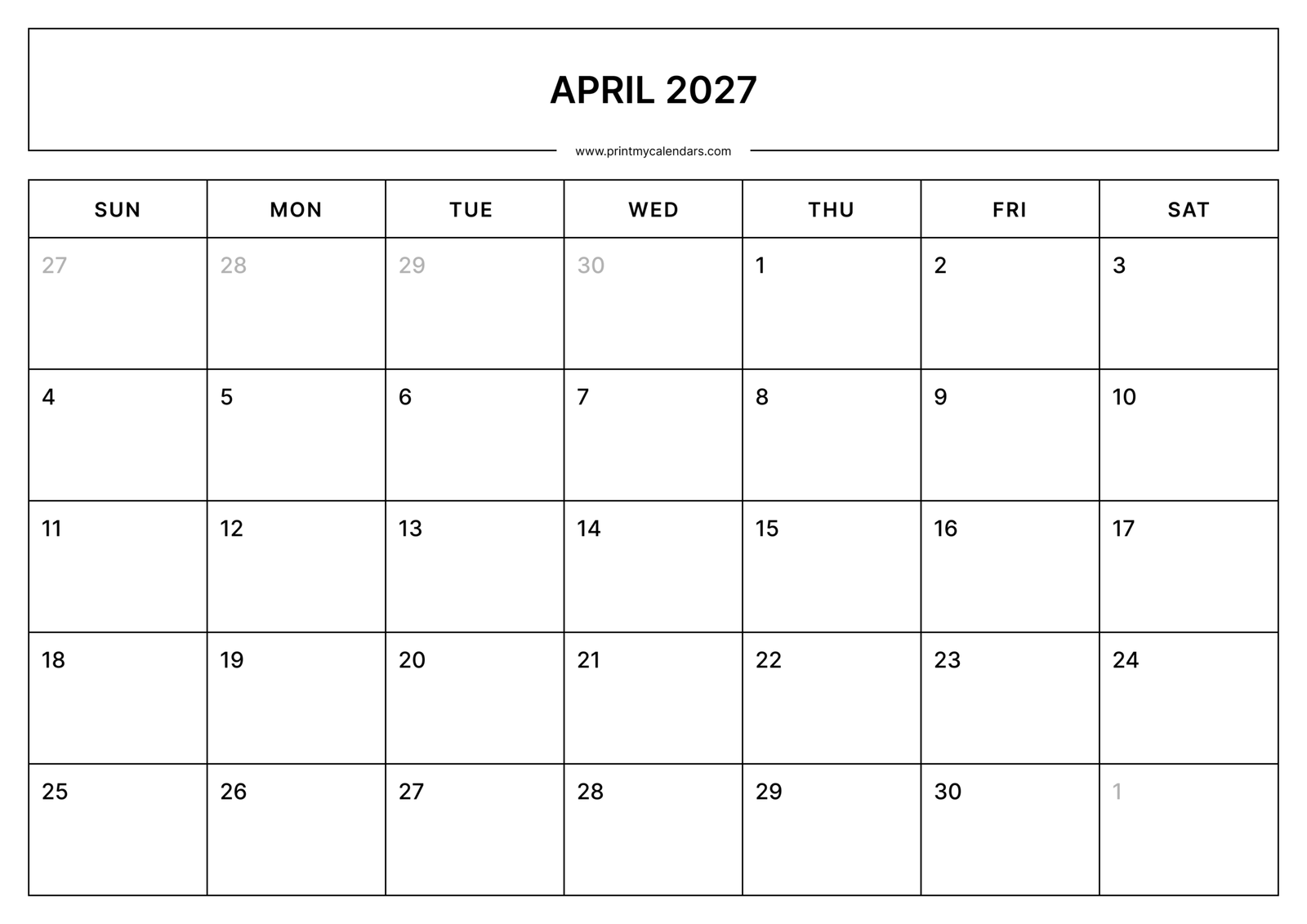 Printable Simple April calendar 2027 Landscape A4