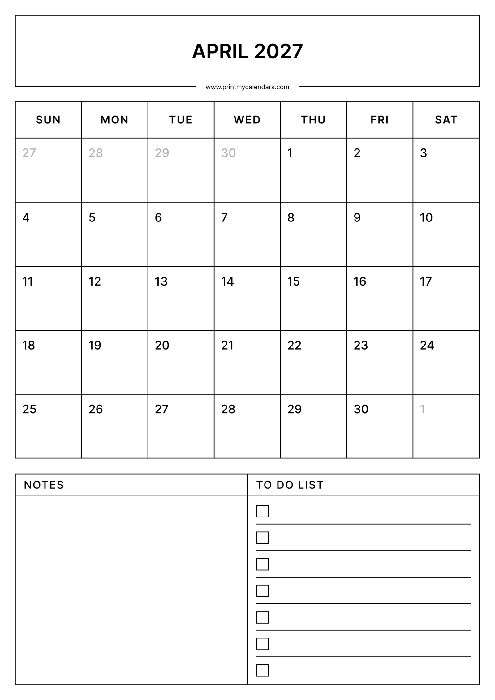 Printable Simple April calendar 2027 Portrait A4