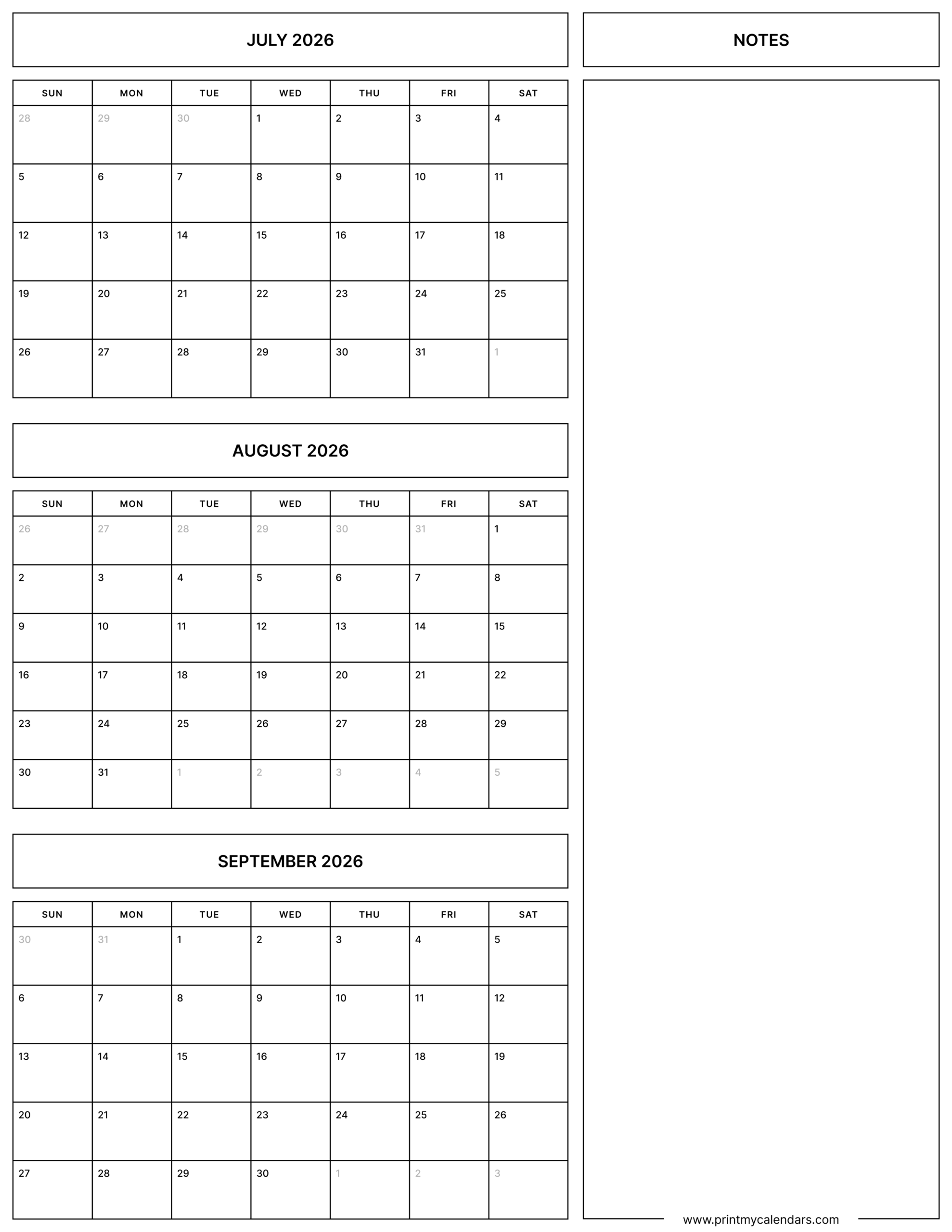 Printable Simple July August September calendar 2026 Portrait Letter