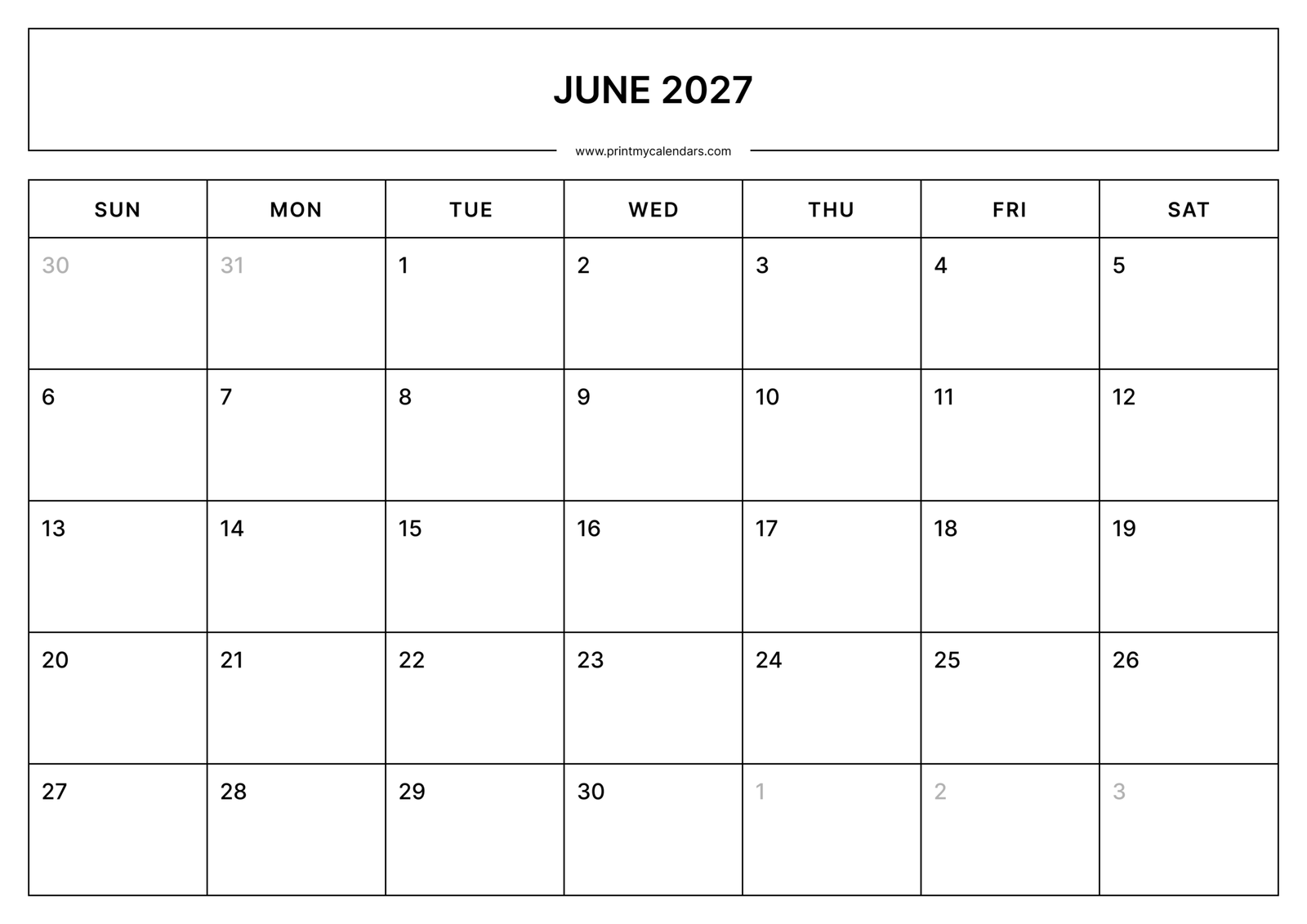 Printable Simple June calendar 2027 Landscape A4