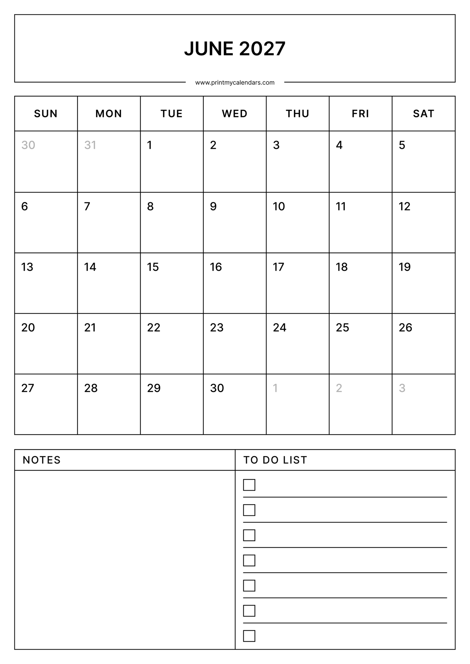 Printable Simple June calendar 2027 Portrait A4