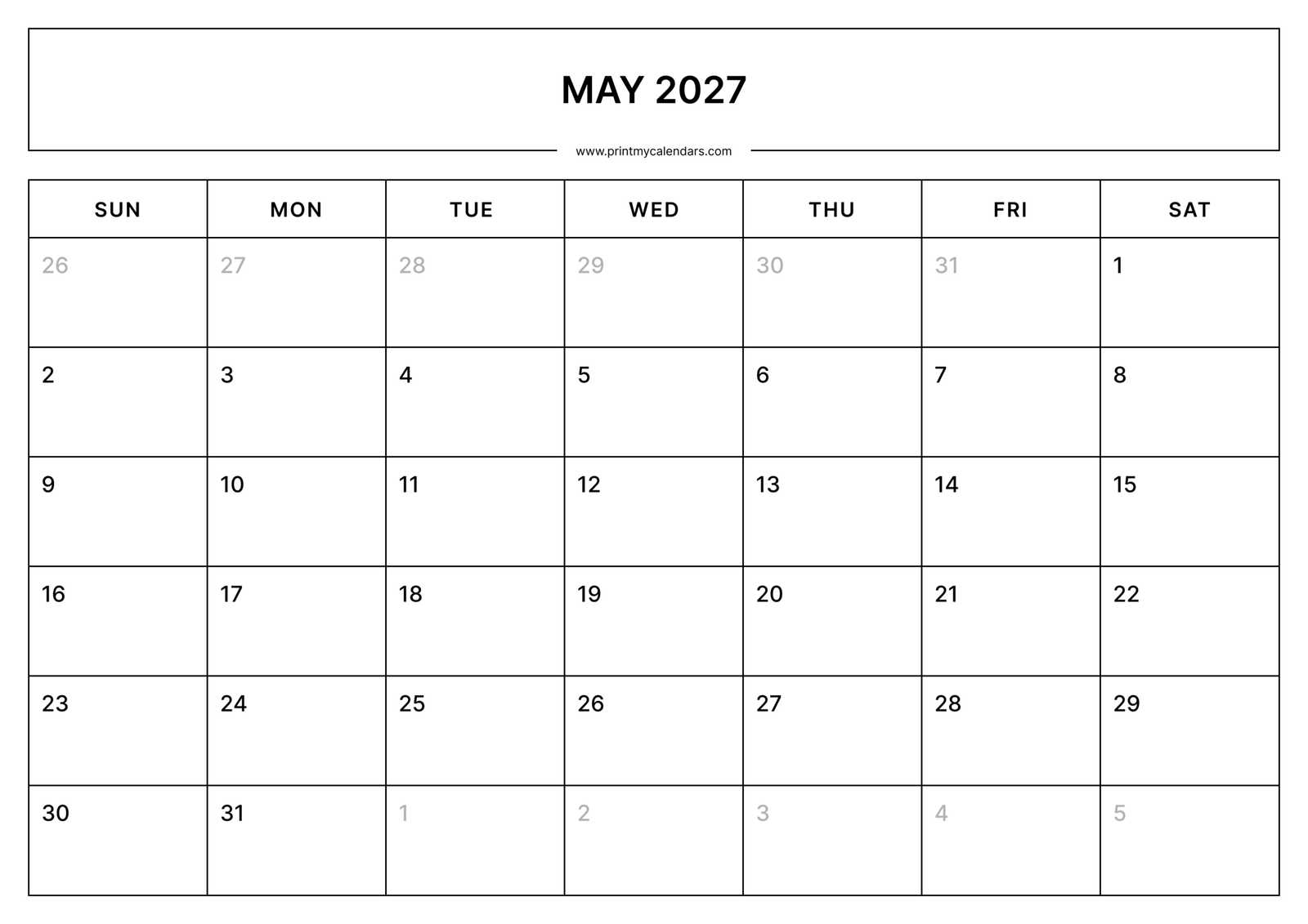 Printable Simple May calendar 2027 Landscape A4