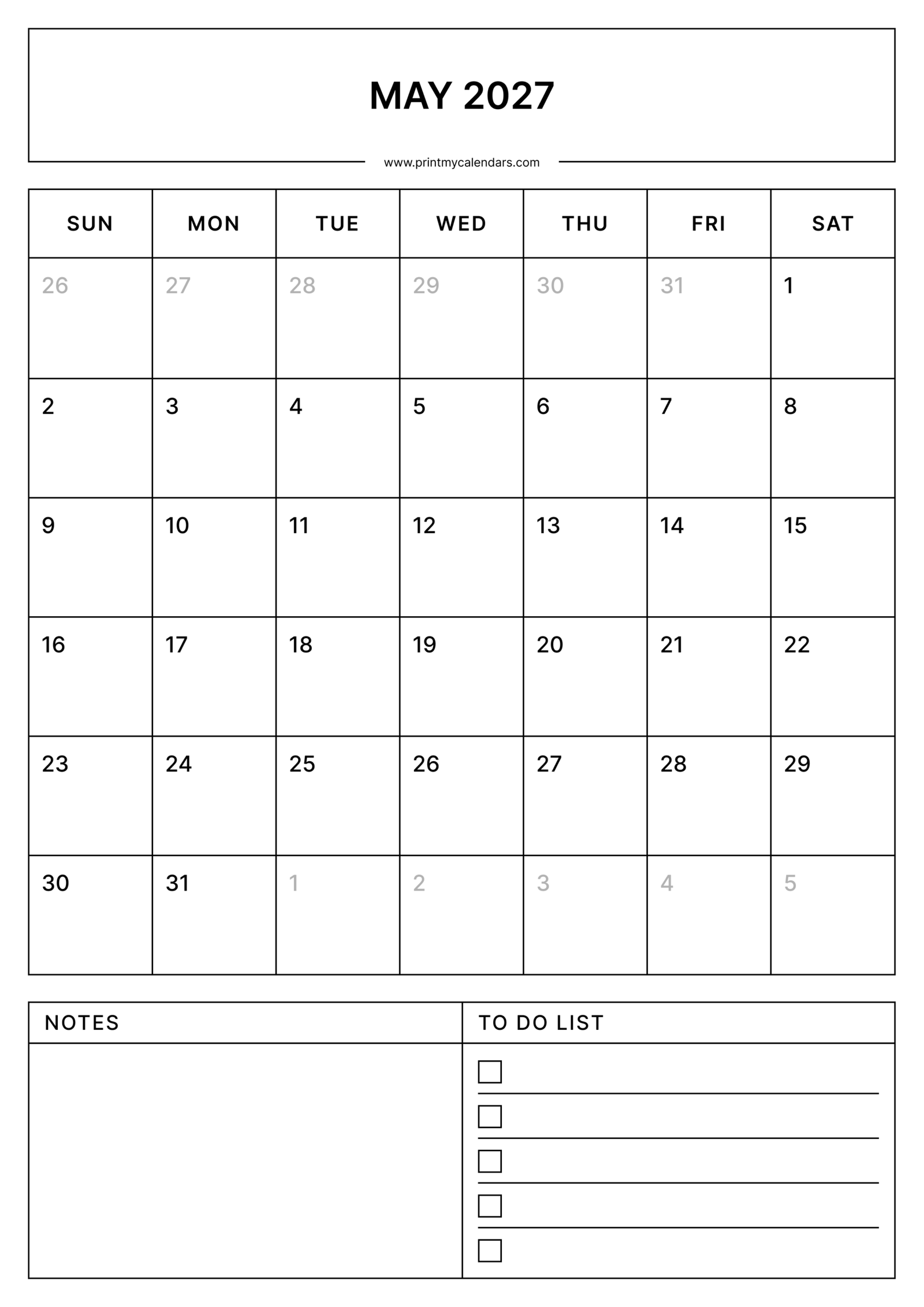 Printable Simple May calendar 2027 Portrait A4