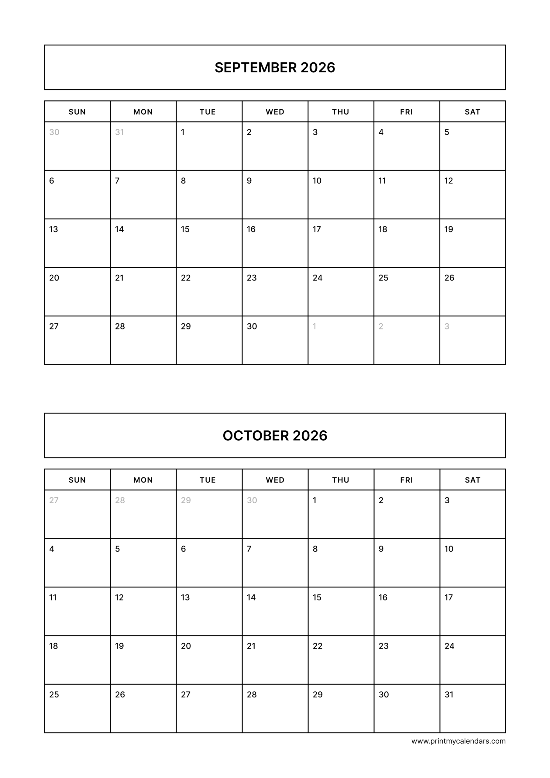 Printable Simple September october calendar 2026 Portrait A4