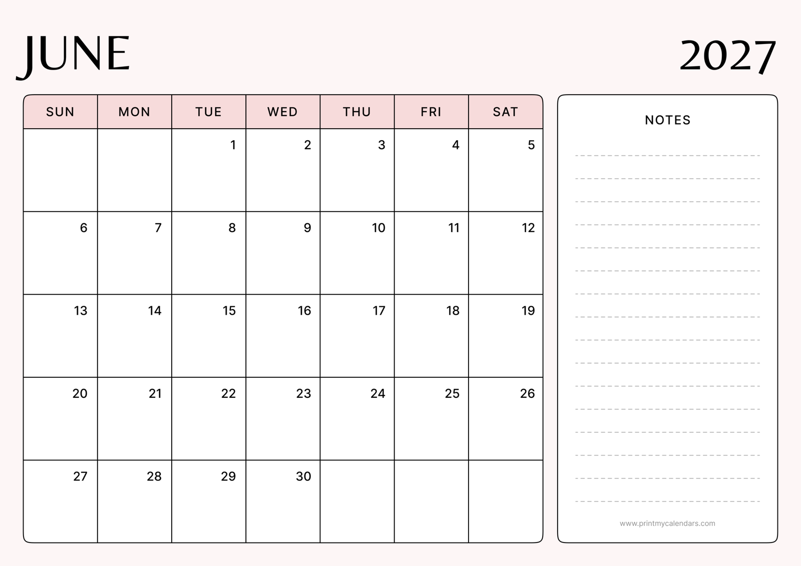 Printable Soft Blush Minimal June calendar 2027 Landscape A4