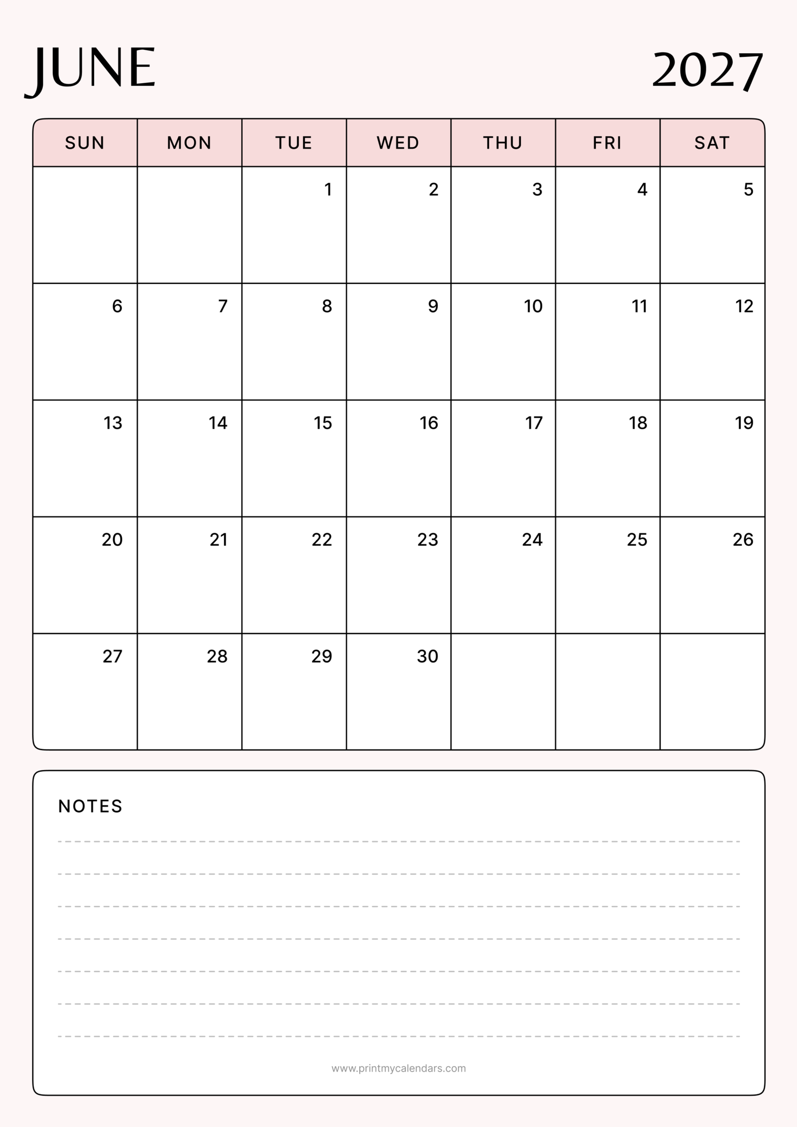 Printable Soft Blush Minimal June calendar 2027 Portrait A4