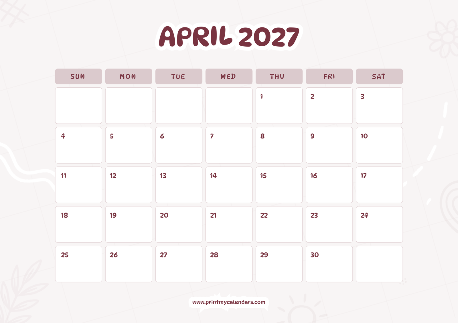 Printable Soft Pink Blush April calendar 2027 Landscape A4