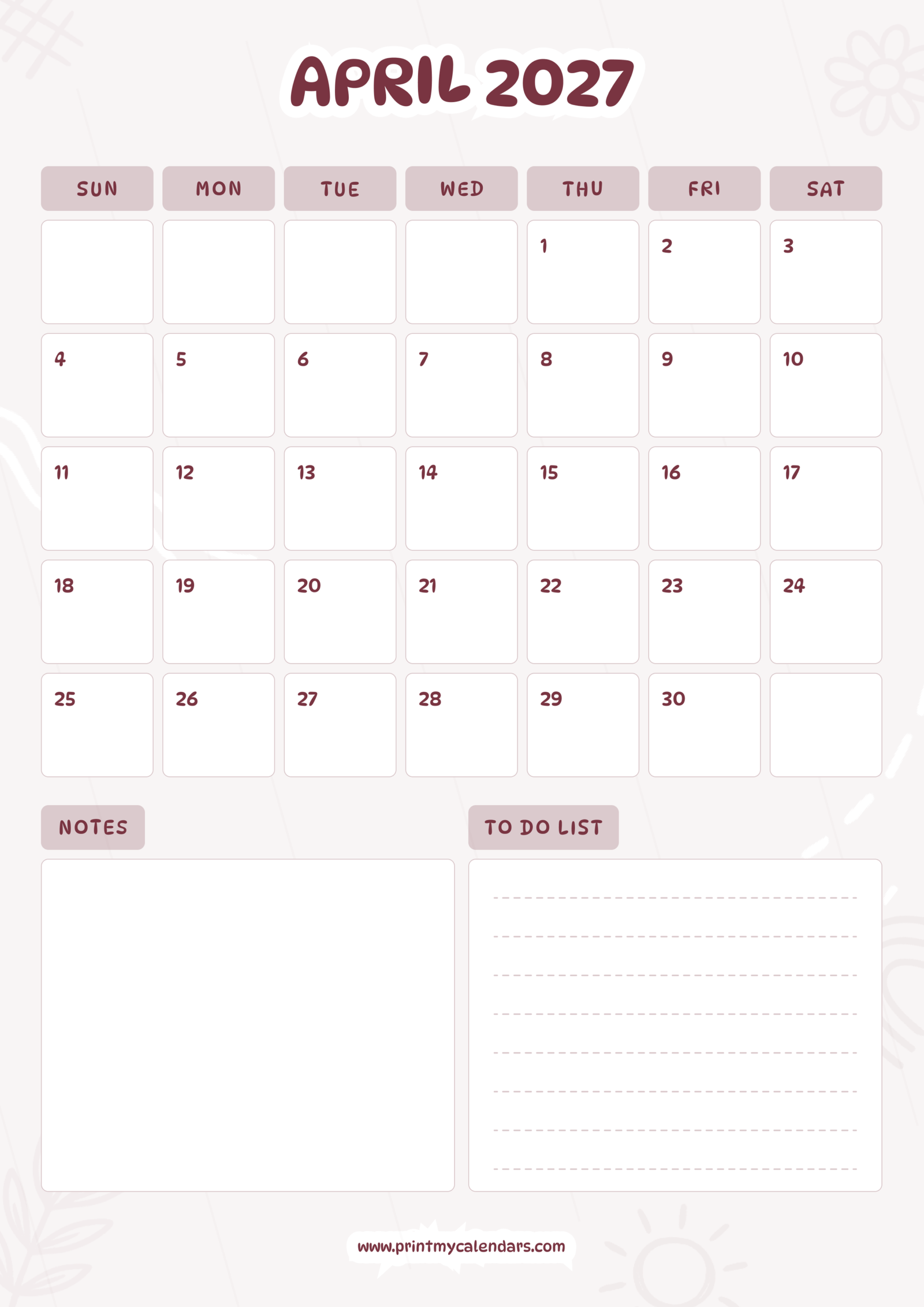 Printable Soft Pink Blush April calendar 2027 Portrait A4
