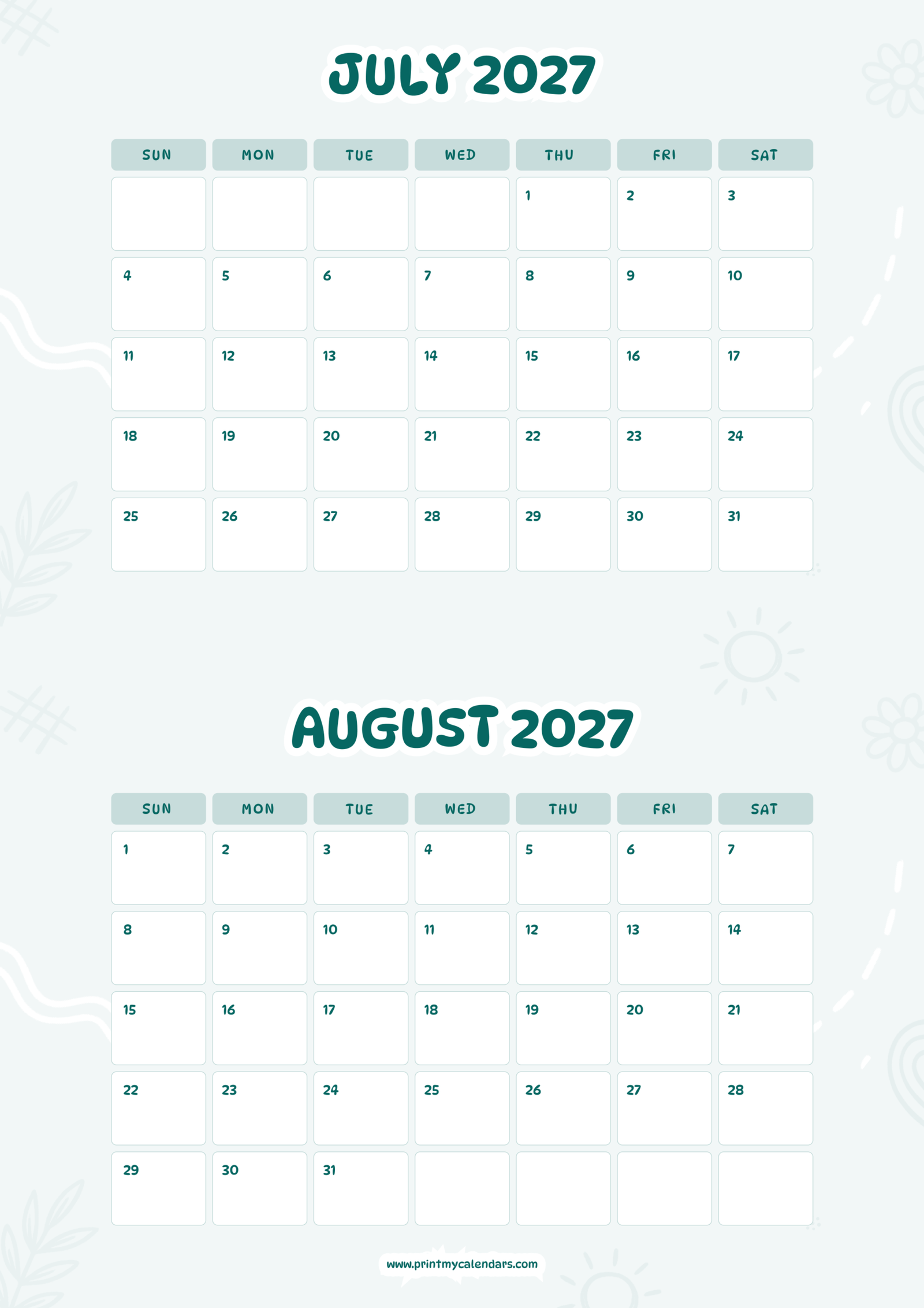 Printable Aqua Clear July August calendar 2027 Portrait A4