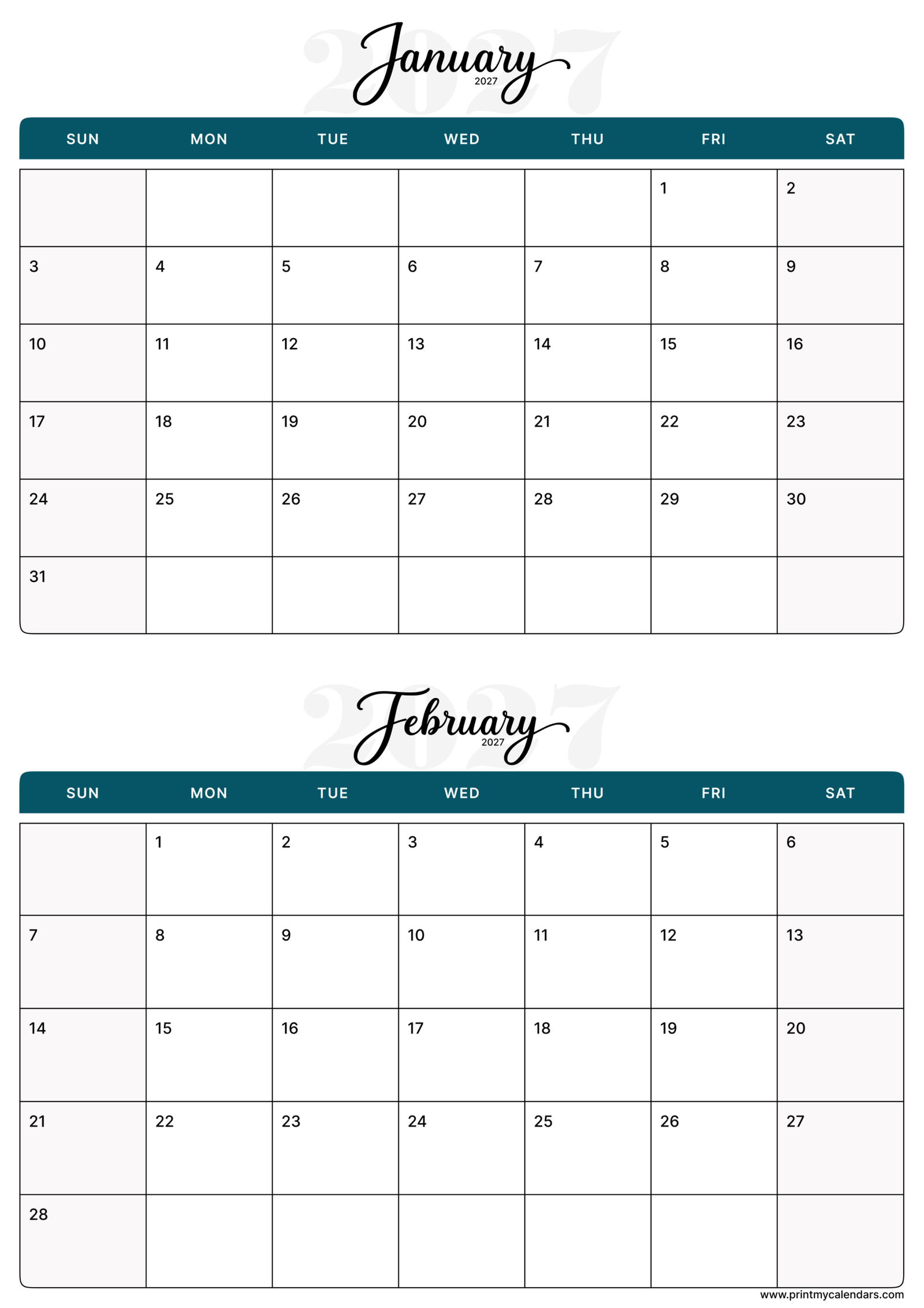Printable Arctic Blue January February calendar 2026 Portrait A4