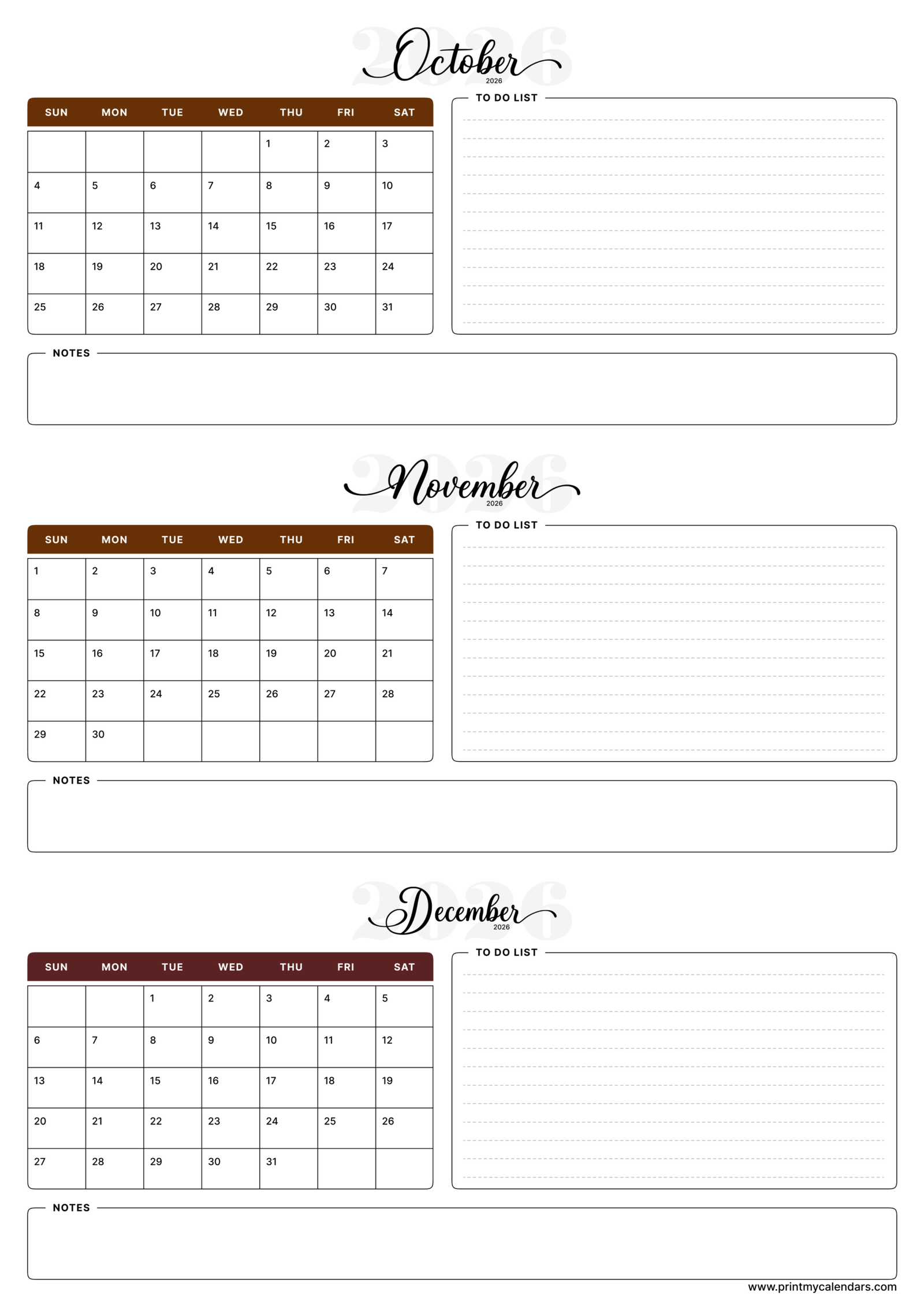 Printable Autumn Elegance October November December calendar 2026 Portrait A4