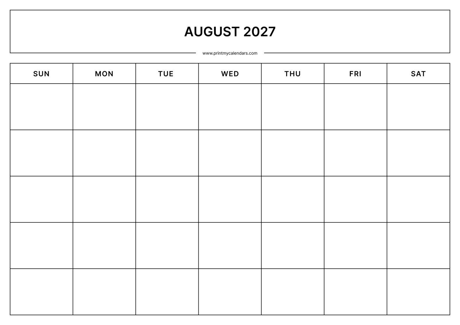 Printable Blank August calendar 2027 Landscape A4