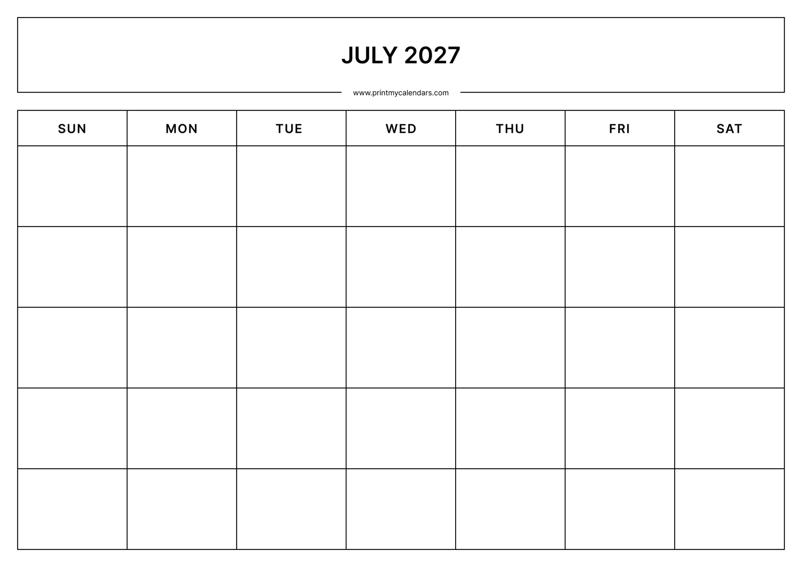 Printable Blank July calendar 2027 Landscape A4