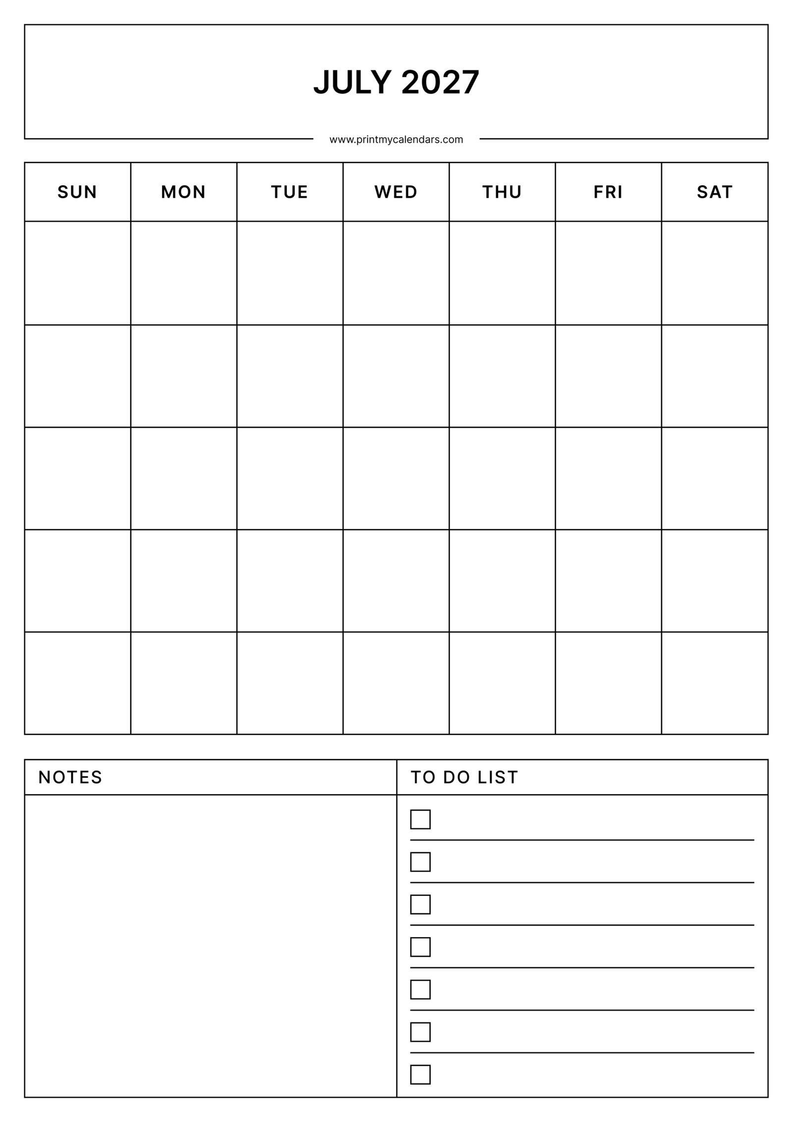 Printable Blank July calendar 2027 Portrait A4