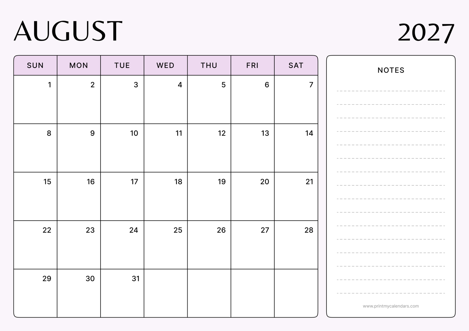 Printable Blush Minimalist August calendar 2027 Landscape A4