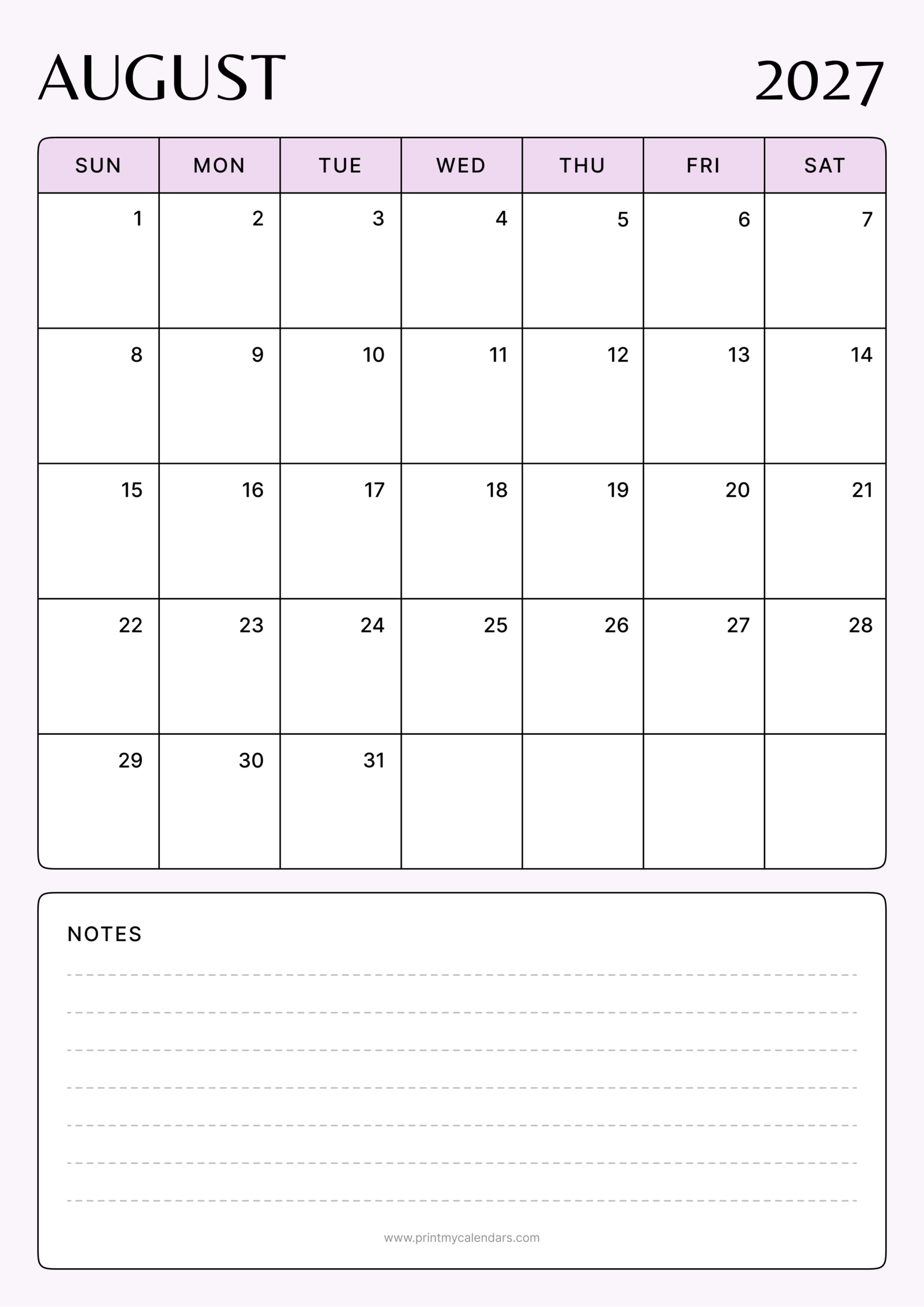Printable Blush Minimalist August calendar 2027 Portrait A4