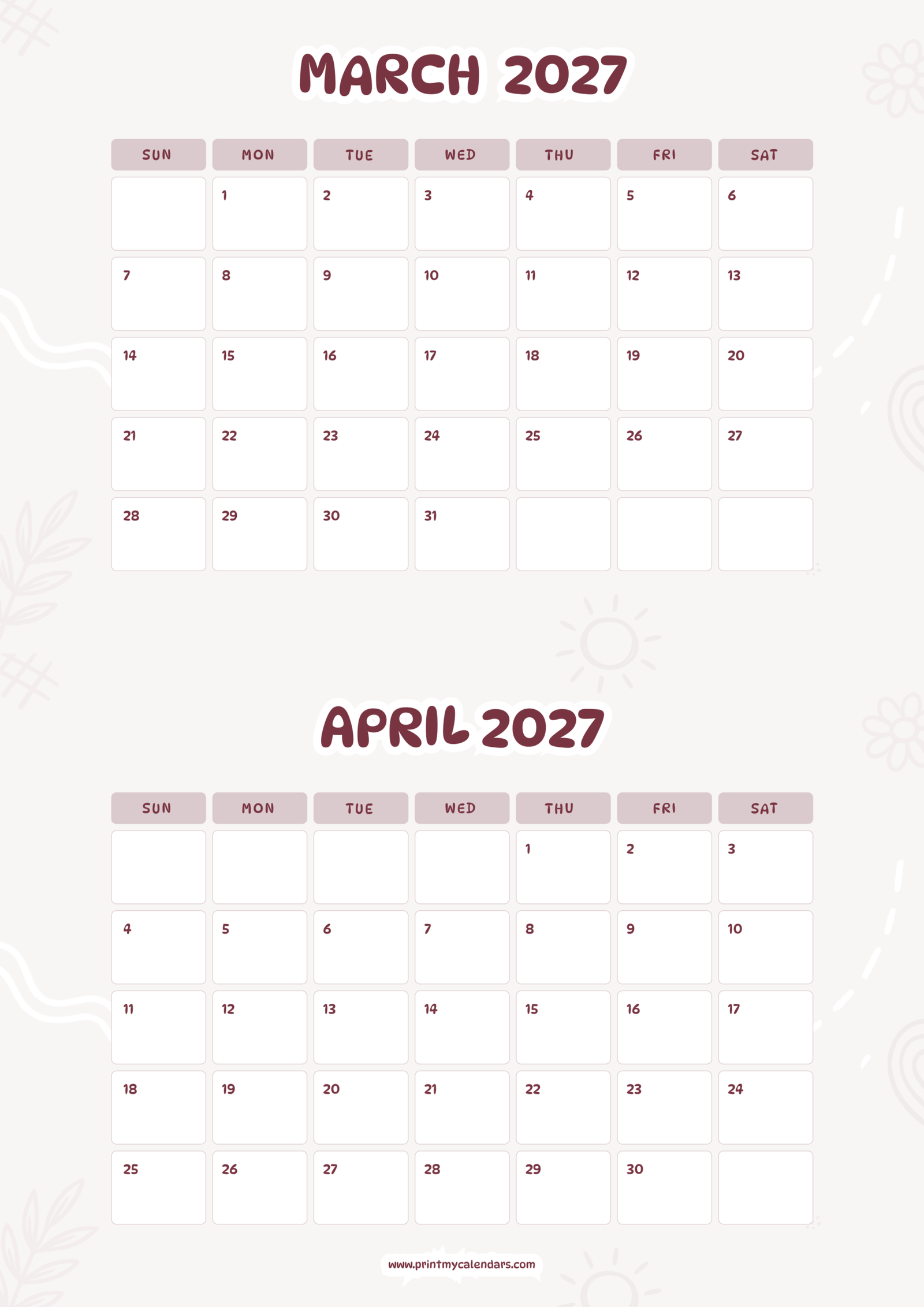 Printable Blush Pink March April calendar 2027 Portrait A4