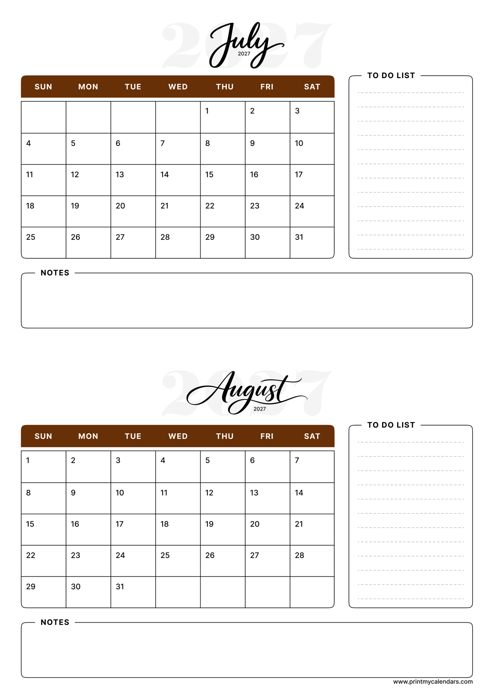Printable Cocoa Scribe July August calendar 2027 Portrait A4