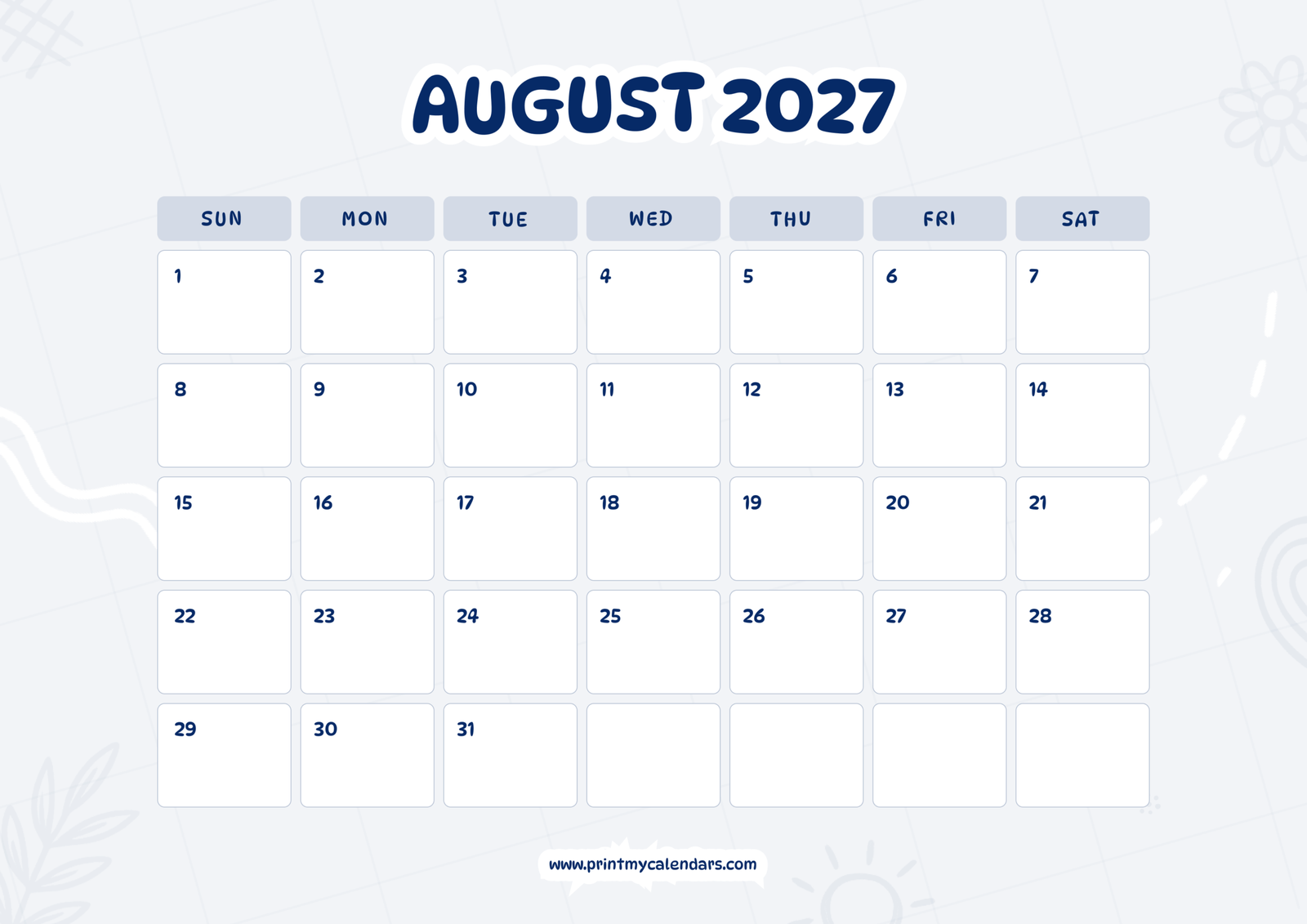 Printable Corporate Blue August calendar 2027 Landscape A4