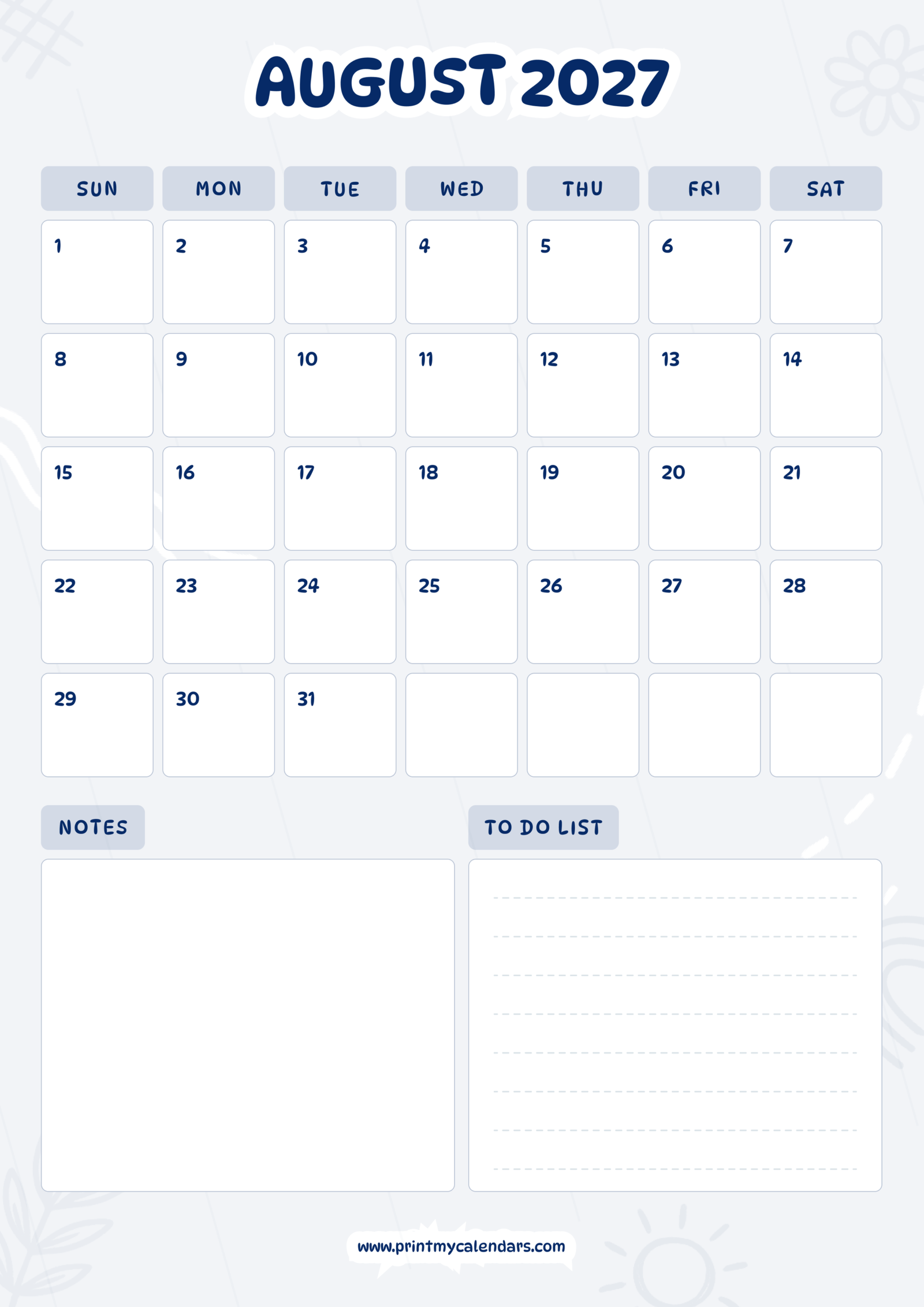 Printable Corporate Blue August calendar 2027 Portrait A4