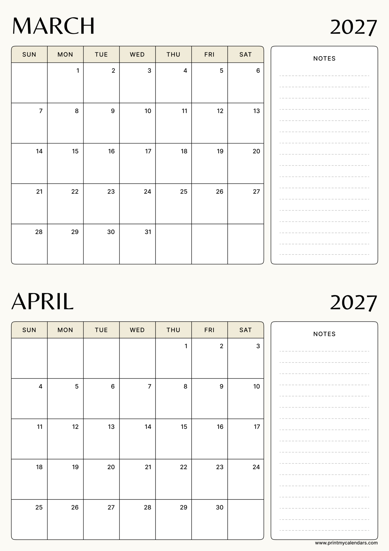 Printable Cream Notes March April calendar 2027 Portrait A4