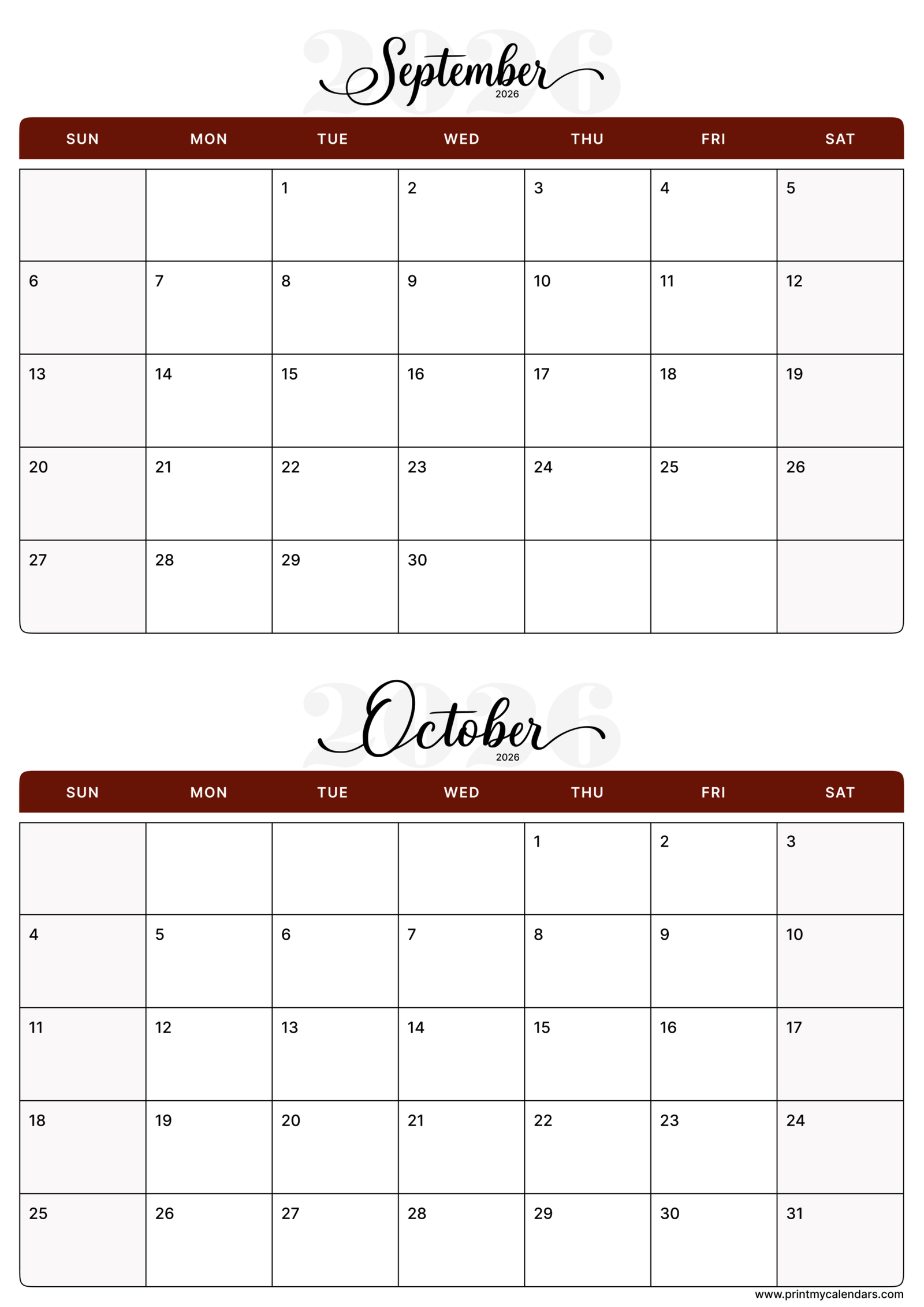 Printable Crimson Script September October calendar 2026 Portrait A4